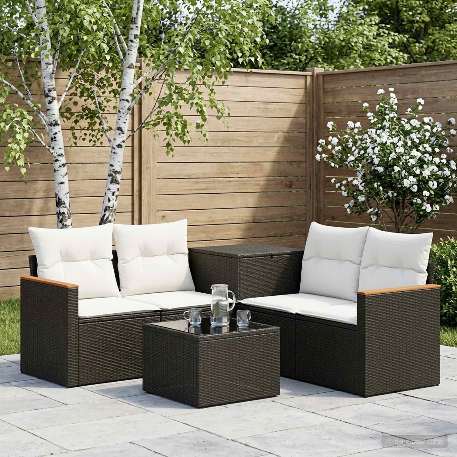 Sofa Set 6 stk. Schwarz und Cremeweiß Polyrattan und Stahl