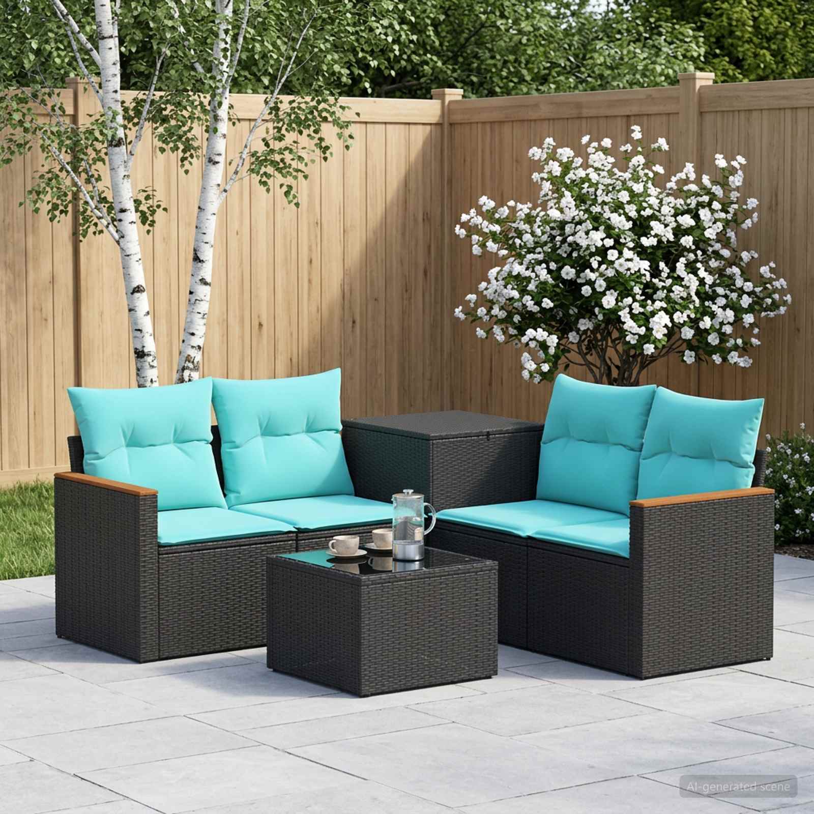 Sofa Set 6 stk. Schwarz und Blau Polyrattan und Stahl