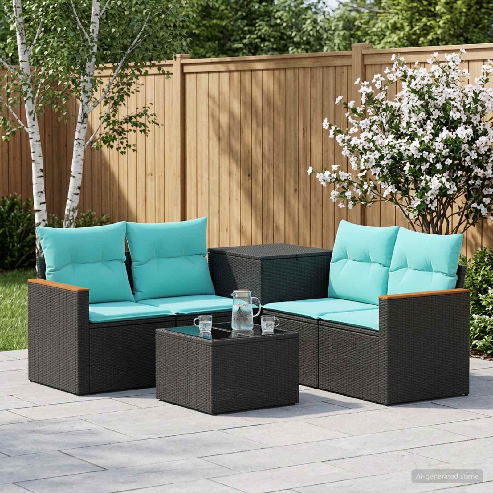 Sofa Set 6 stk. Schwarz und Blau Polyrattan und Stahl