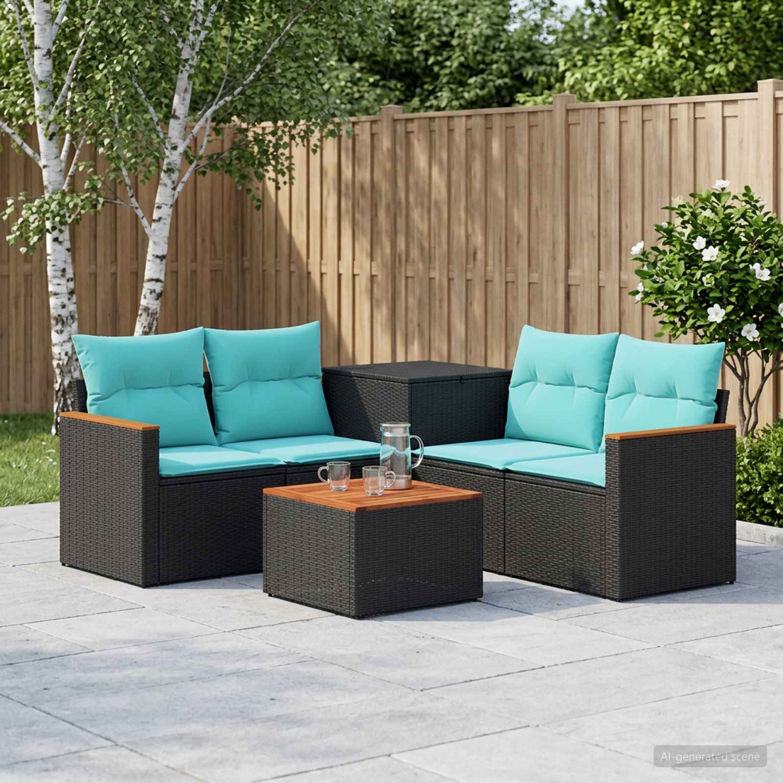 Sofa Set 6 stk. Schwarz und Blau Polyrattan und Stahl