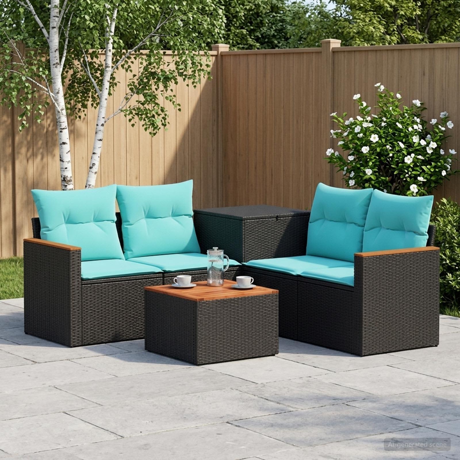 Sofa Set 6 stk. Schwarz und Blau Polyrattan und Stahl