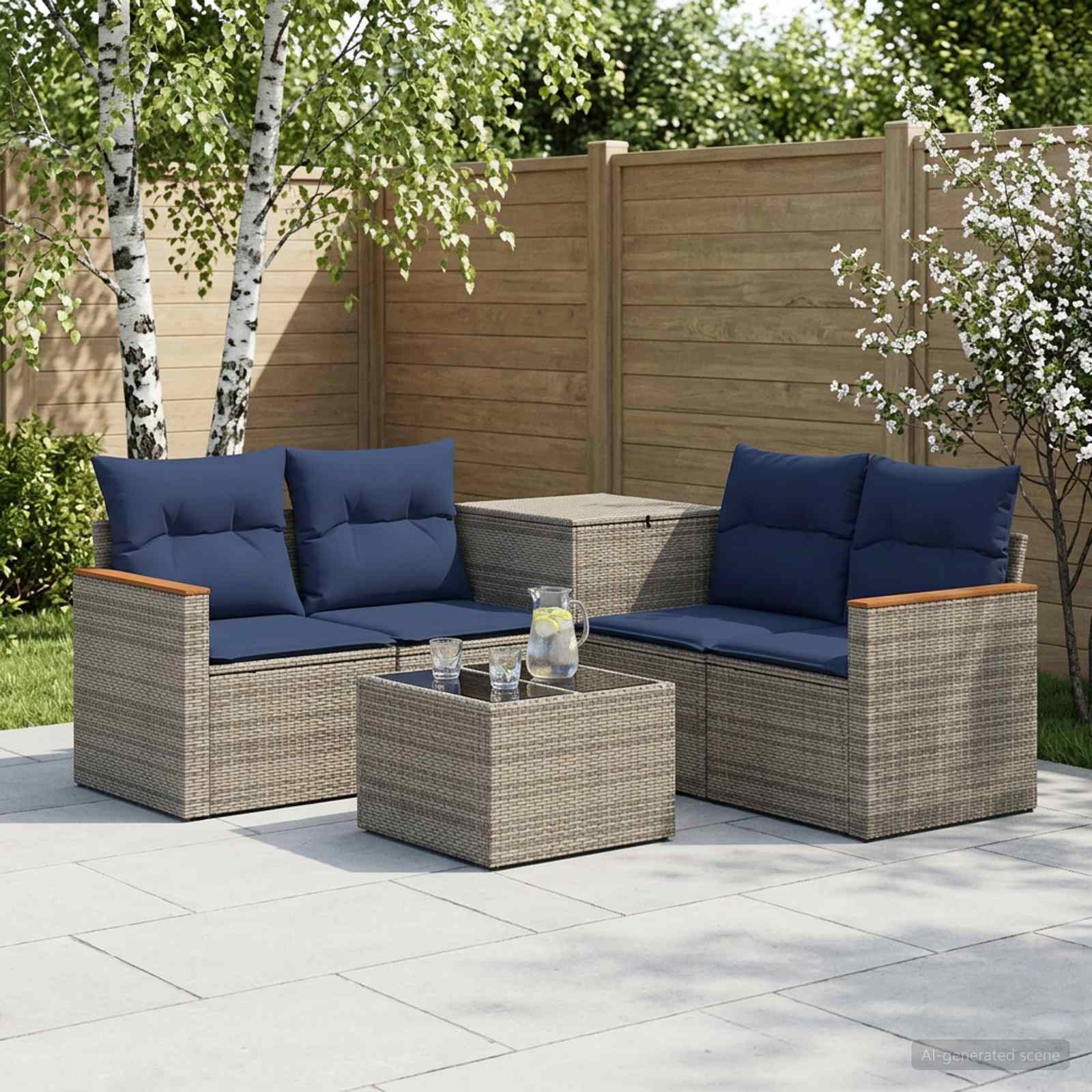 Sofa Set 6 stk. Grau und Marineblau Polyrattan und Stahl