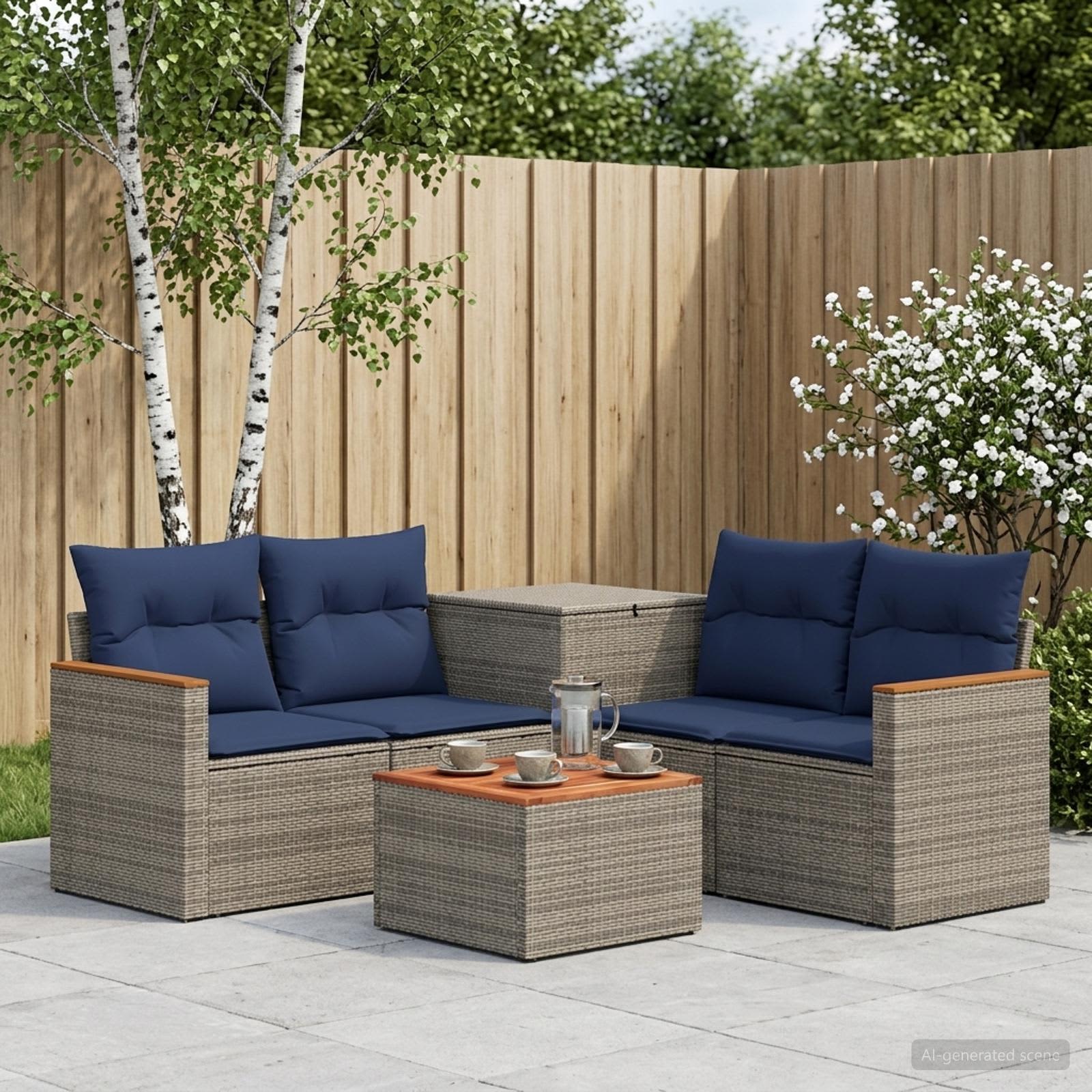 Sofa Set 6 stk. Grau und Marineblau Polyrattan und Stahl