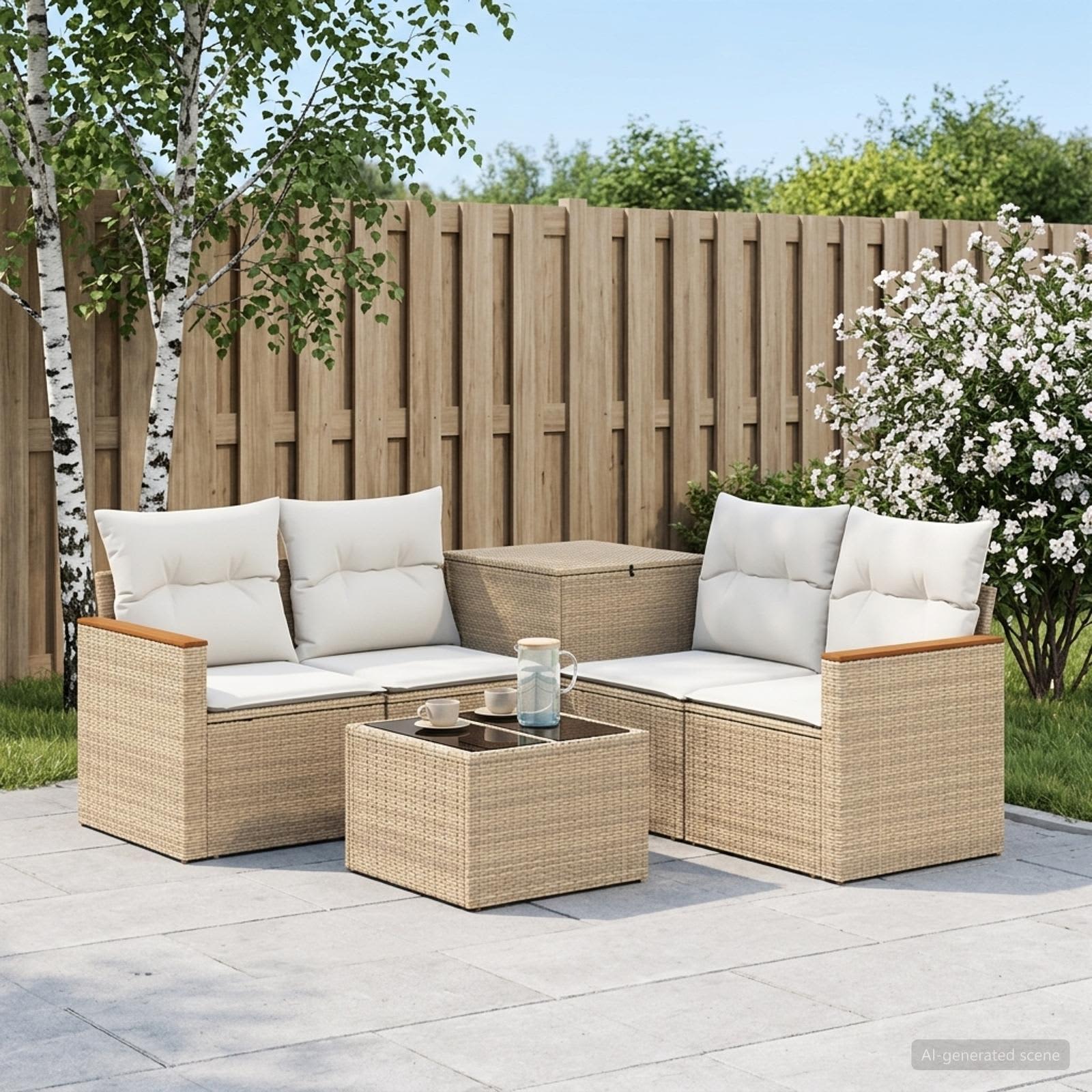 Sofa Set 6 stk. Beige und Cremeweiß Polyrattan und Stahl