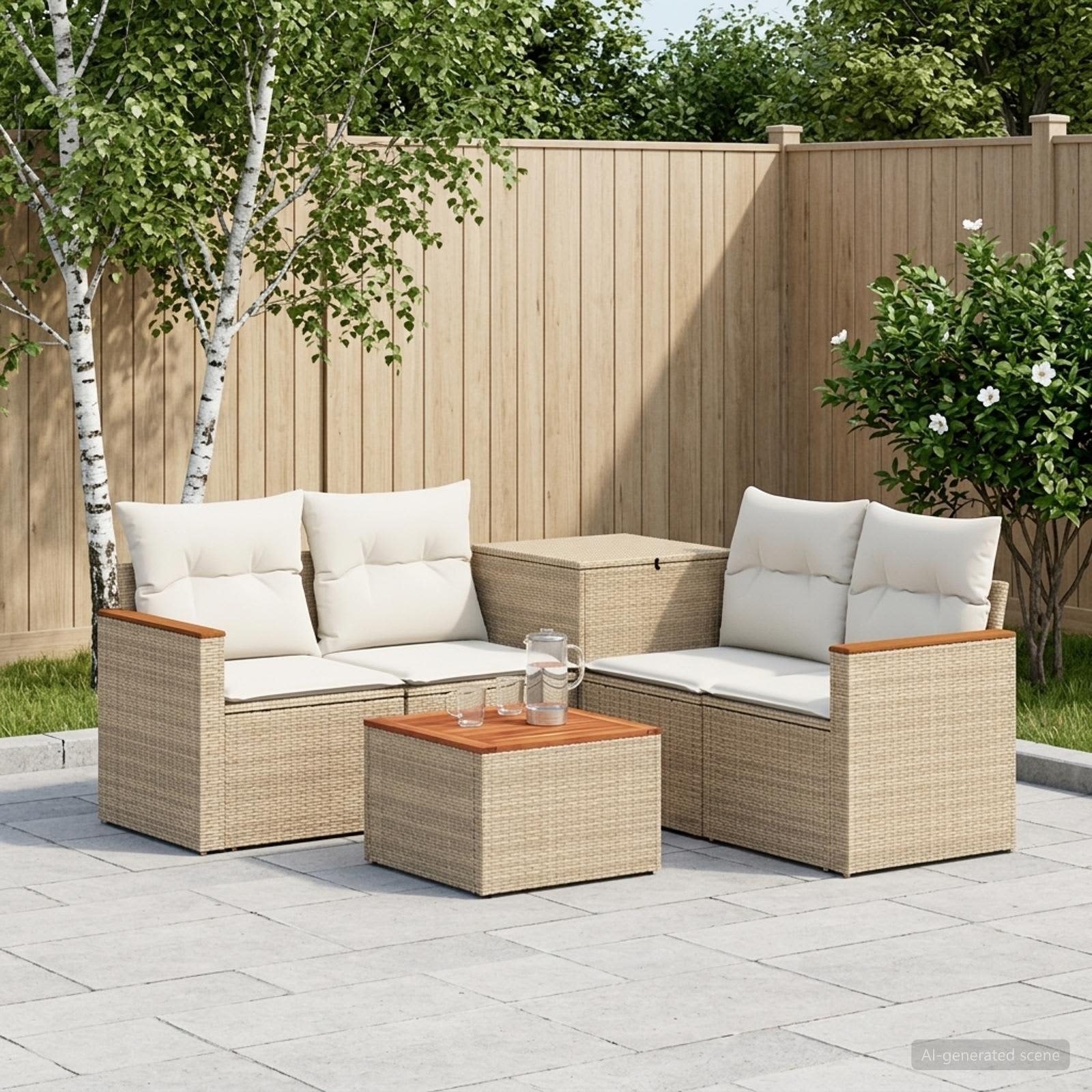 Sofa Set 6 stk. Beige und Cremeweiß Polyrattan und Stahl