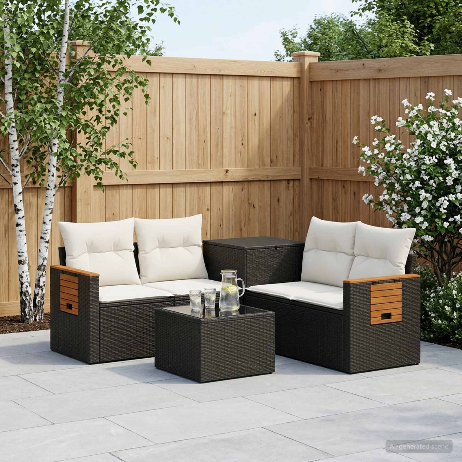 Sofa Set 6 stk. Schwarz und Cremeweiß Polyrattan und Stahl