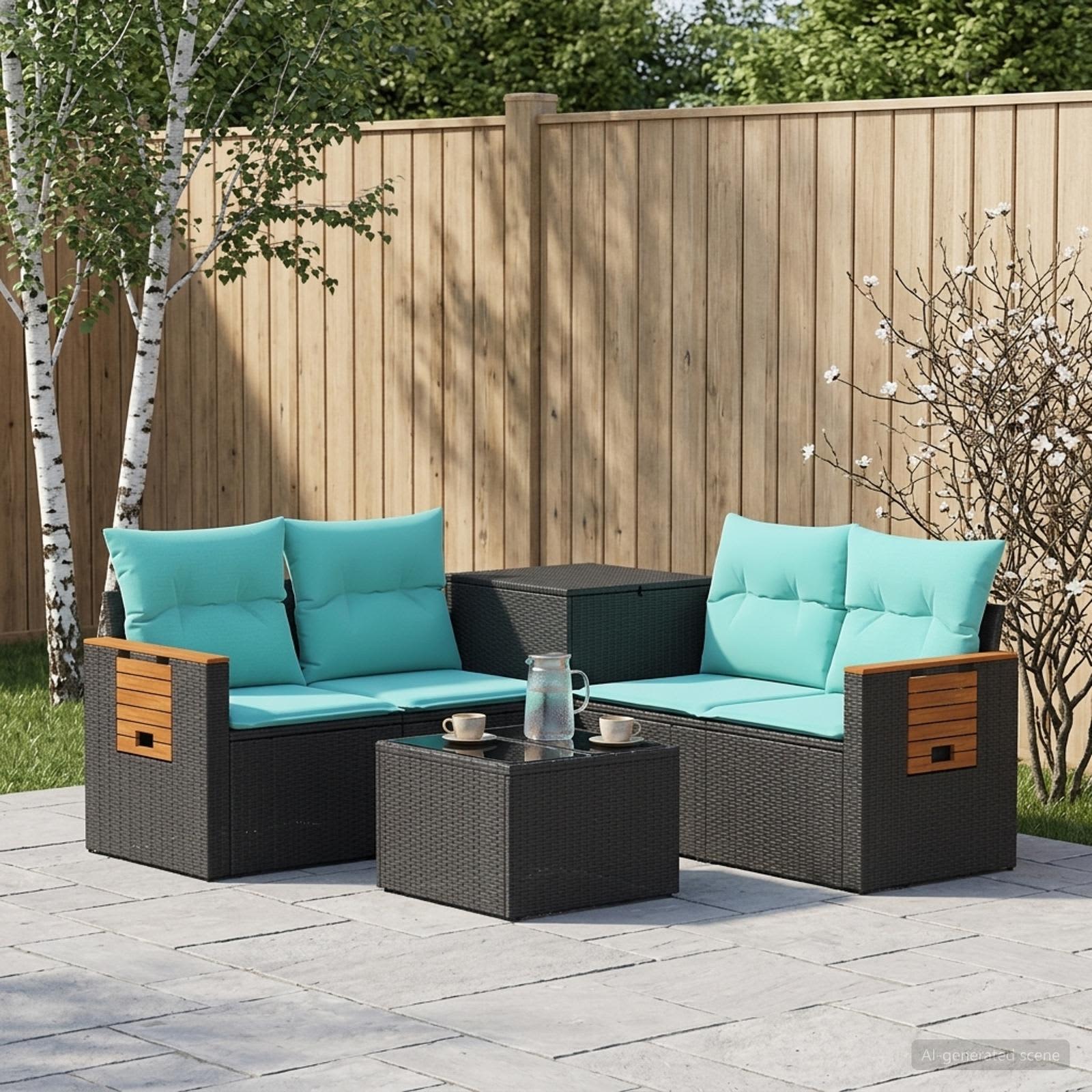 Sofa Set 6 stk. Schwarz und Blau Polyrattan und Stahl