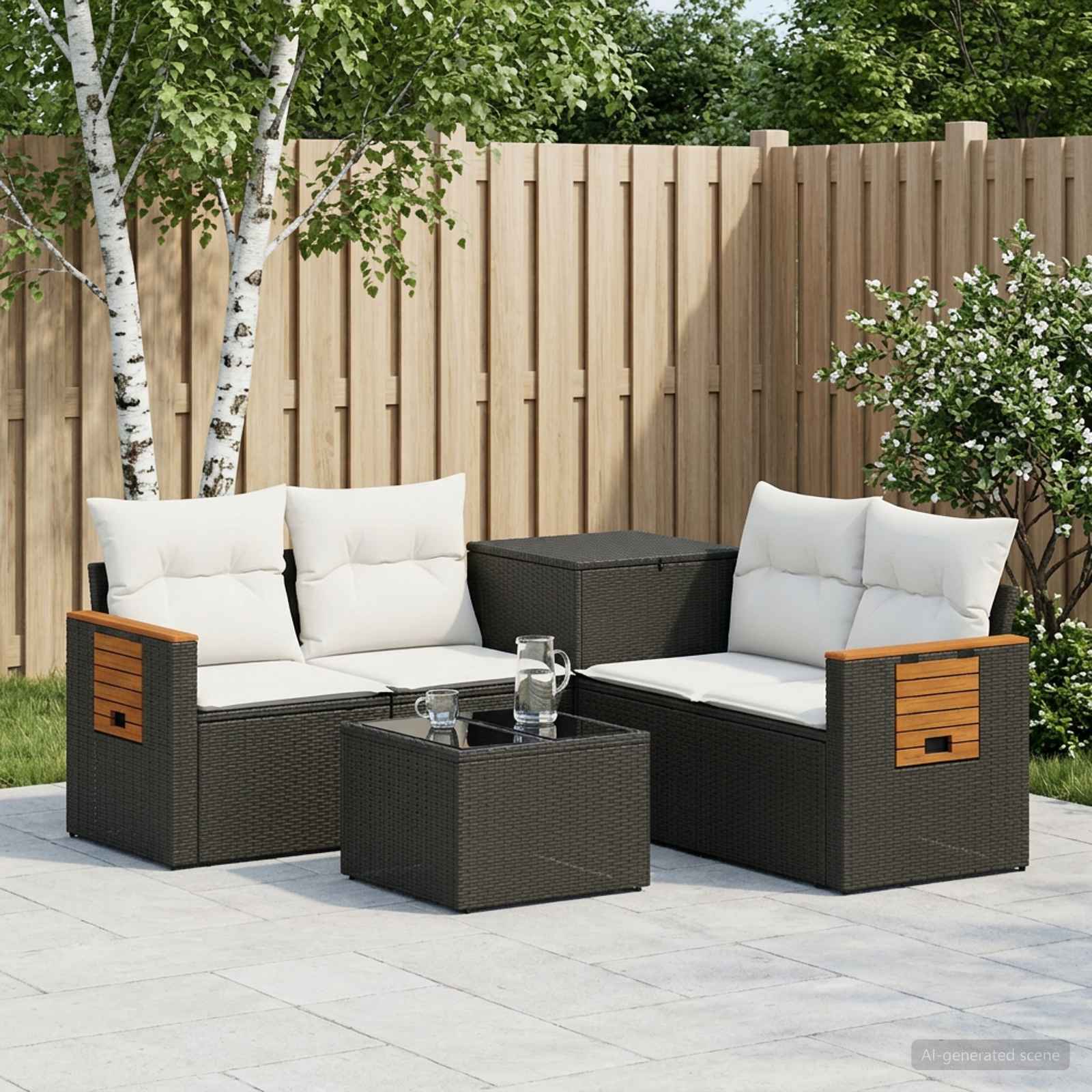 Sofa Set 6 stk. Schwarz und Cremeweiß Polyrattan und Stahl