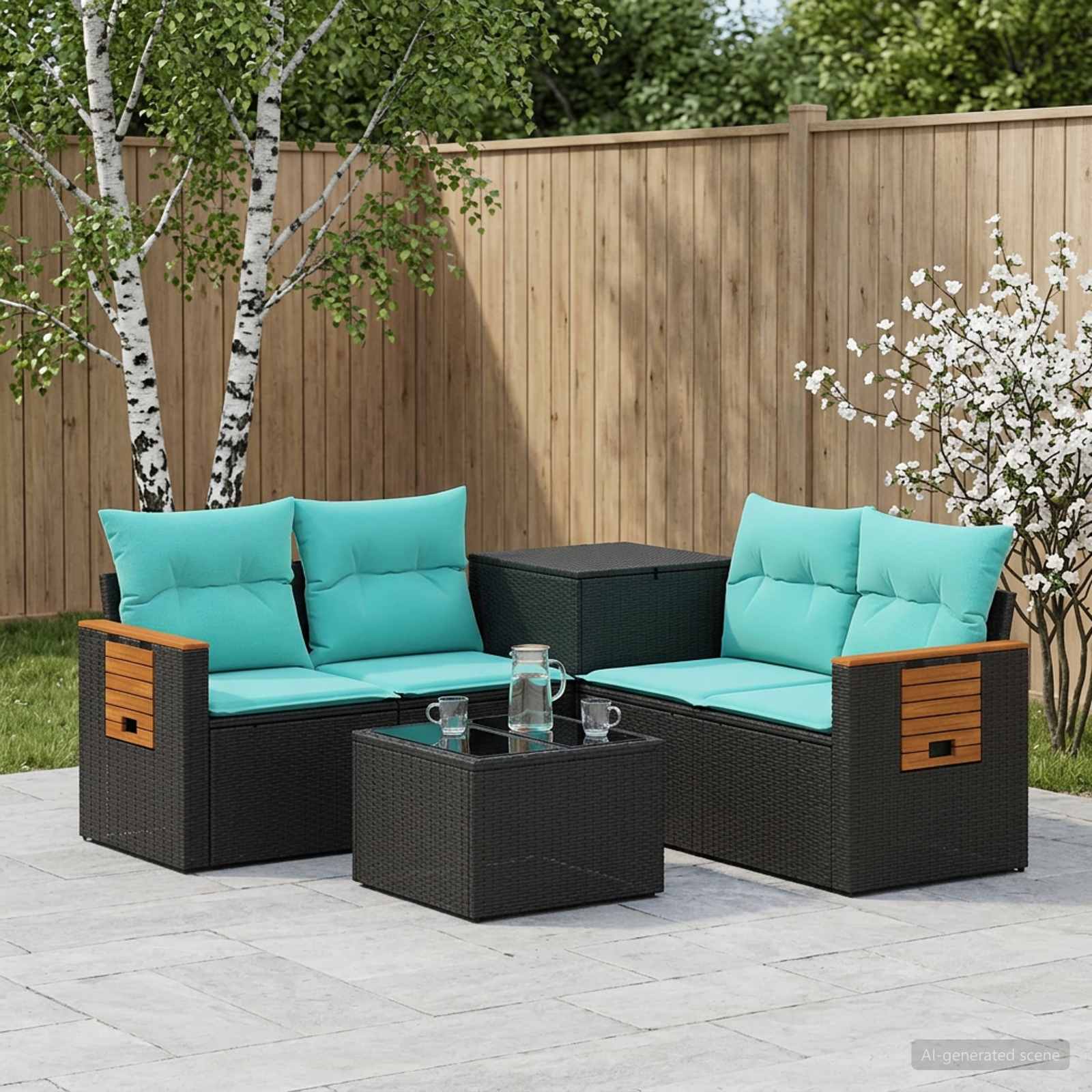 Sofa Set 6 stk. Schwarz und Blau Polyrattan und Stahl