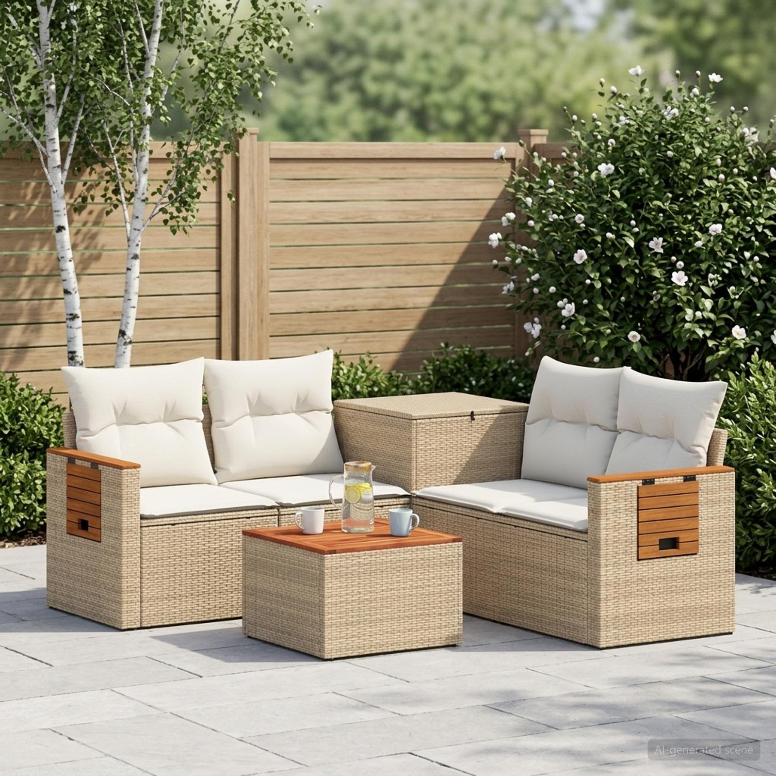 Sofa Set 6 stk. Beige und Cremeweiß Polyrattan und Stahl