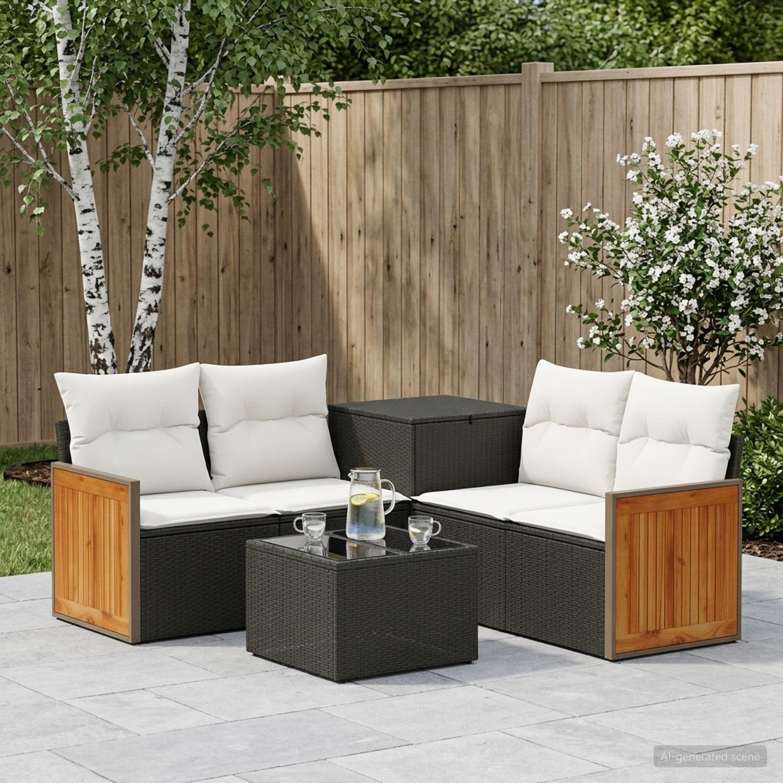 Sofa Set 6 stk. Schwarz und Cremeweiß Polyrattan und Stahl