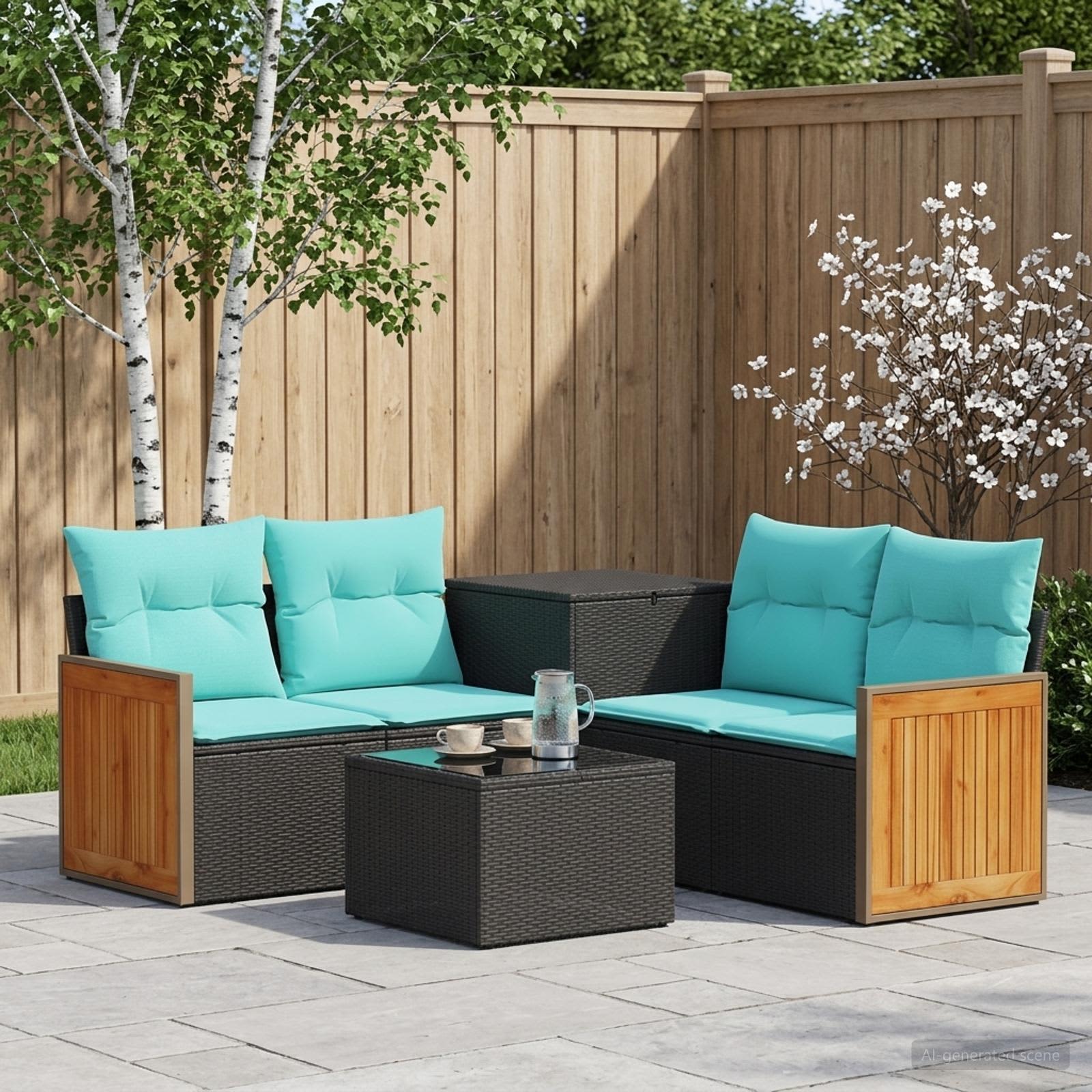 Sofa Set 6 stk. Schwarz und Blau Polyrattan und Stahl