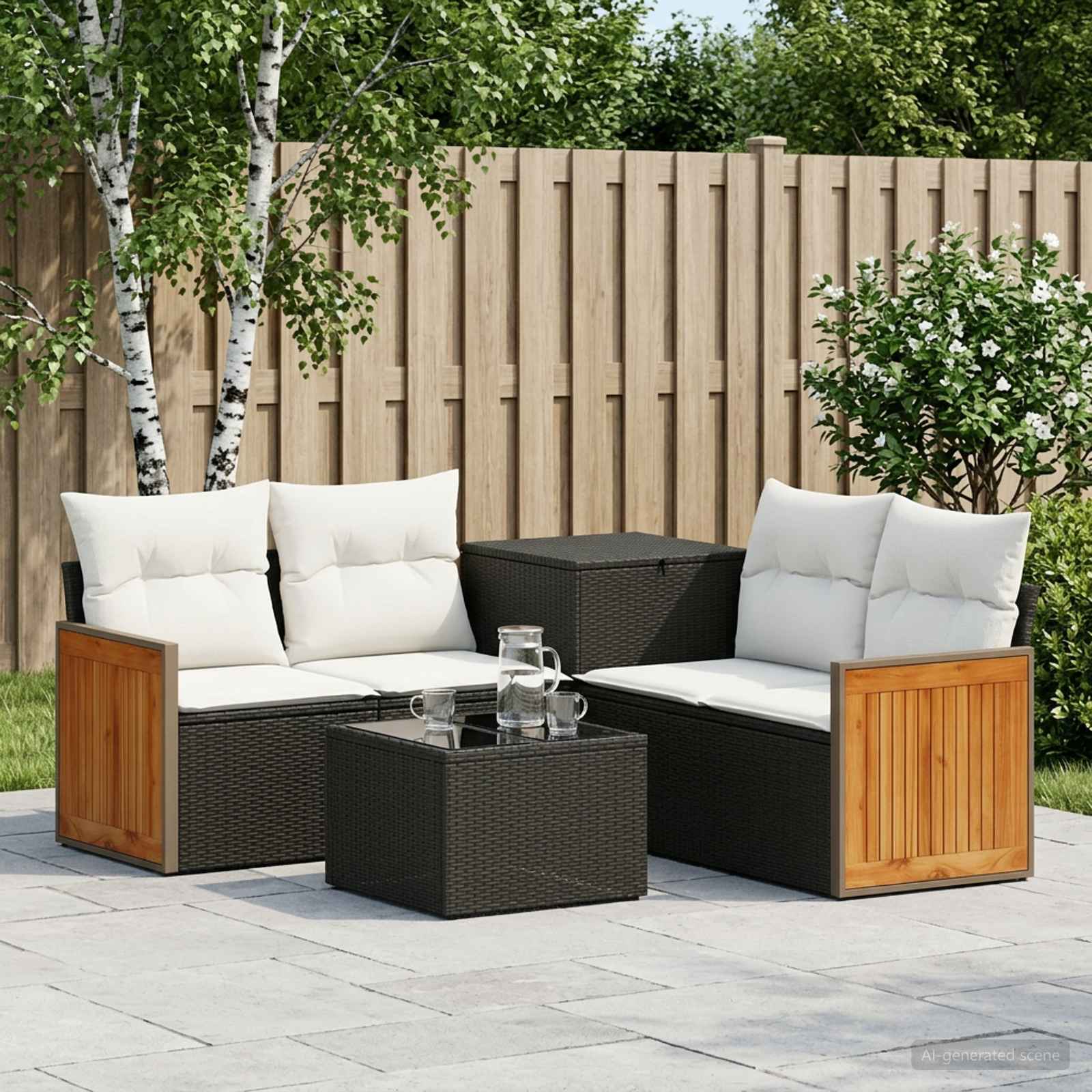 Sofa Set 6 stk. Schwarz und Cremeweiß Polyrattan und Stahl