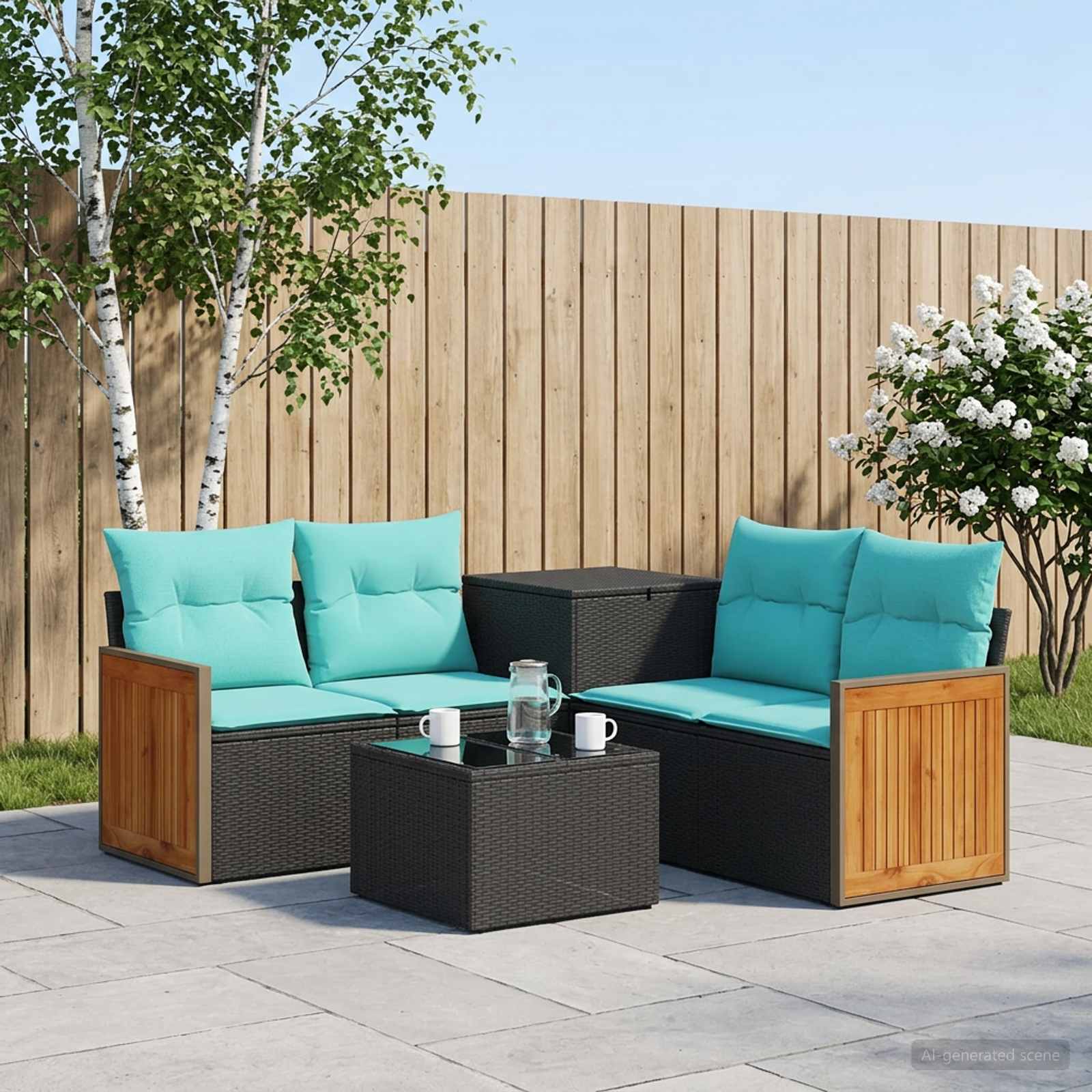 Sofa Set 6 stk. Schwarz und Blau Polyrattan und Stahl