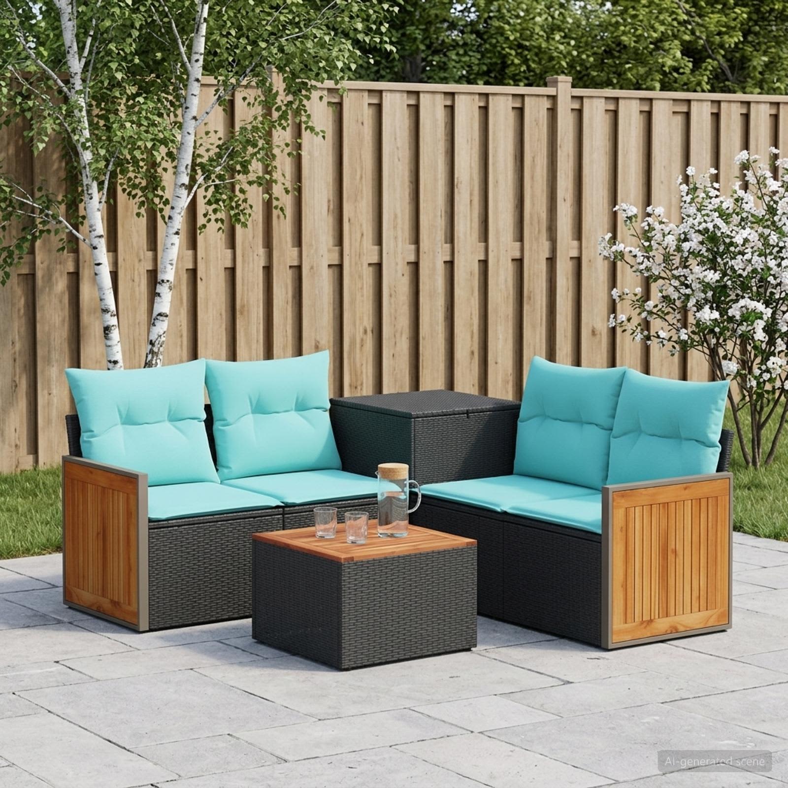 Sofa Set 6 stk. Schwarz und Blau Polyrattan und Stahl