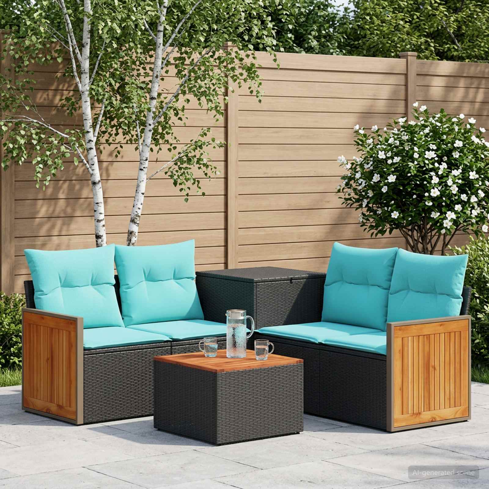 Sofa Set 6 stk. Schwarz und Blau Polyrattan und Stahl