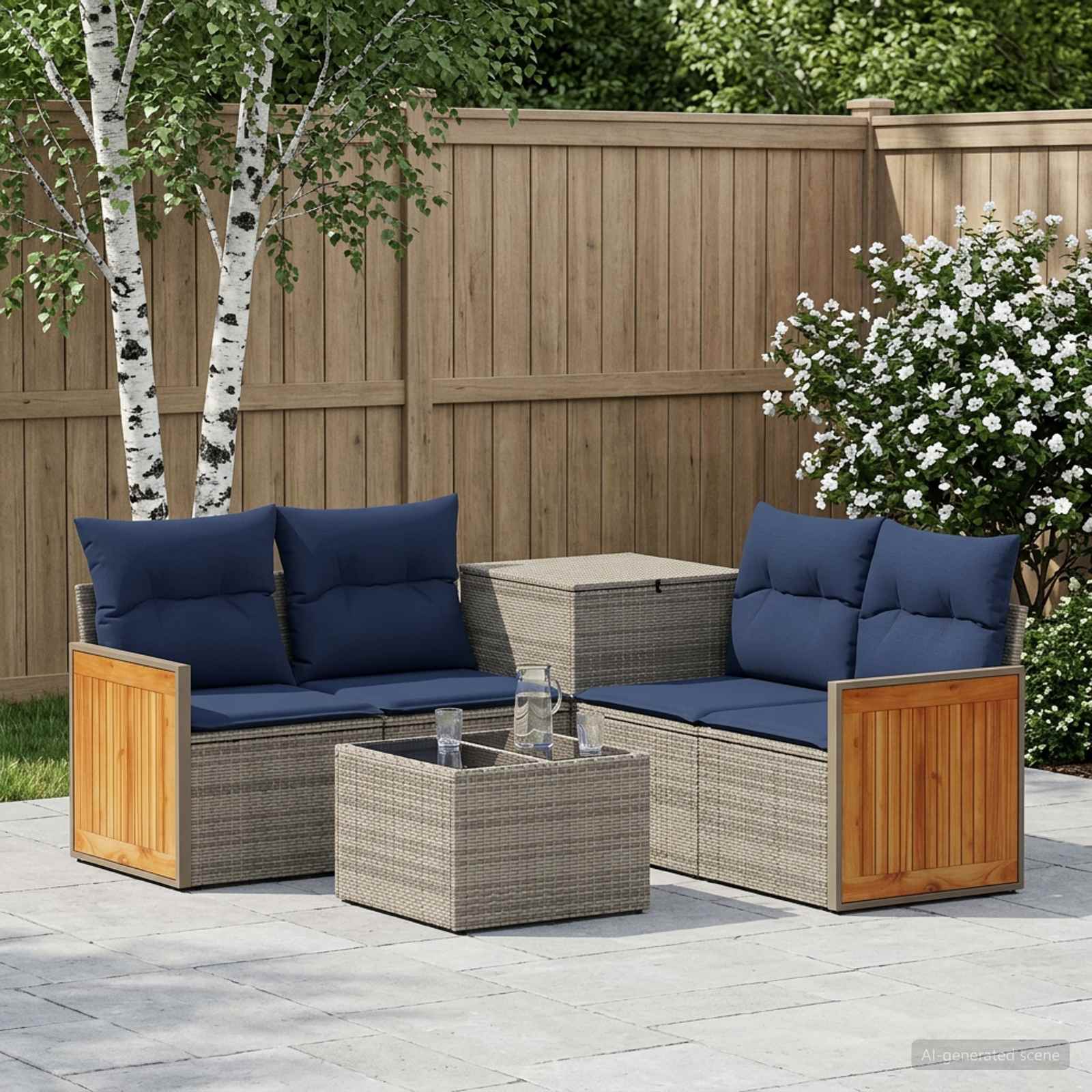 Sofa Set 6 stk. Grau und Marineblau Polyrattan und Stahl