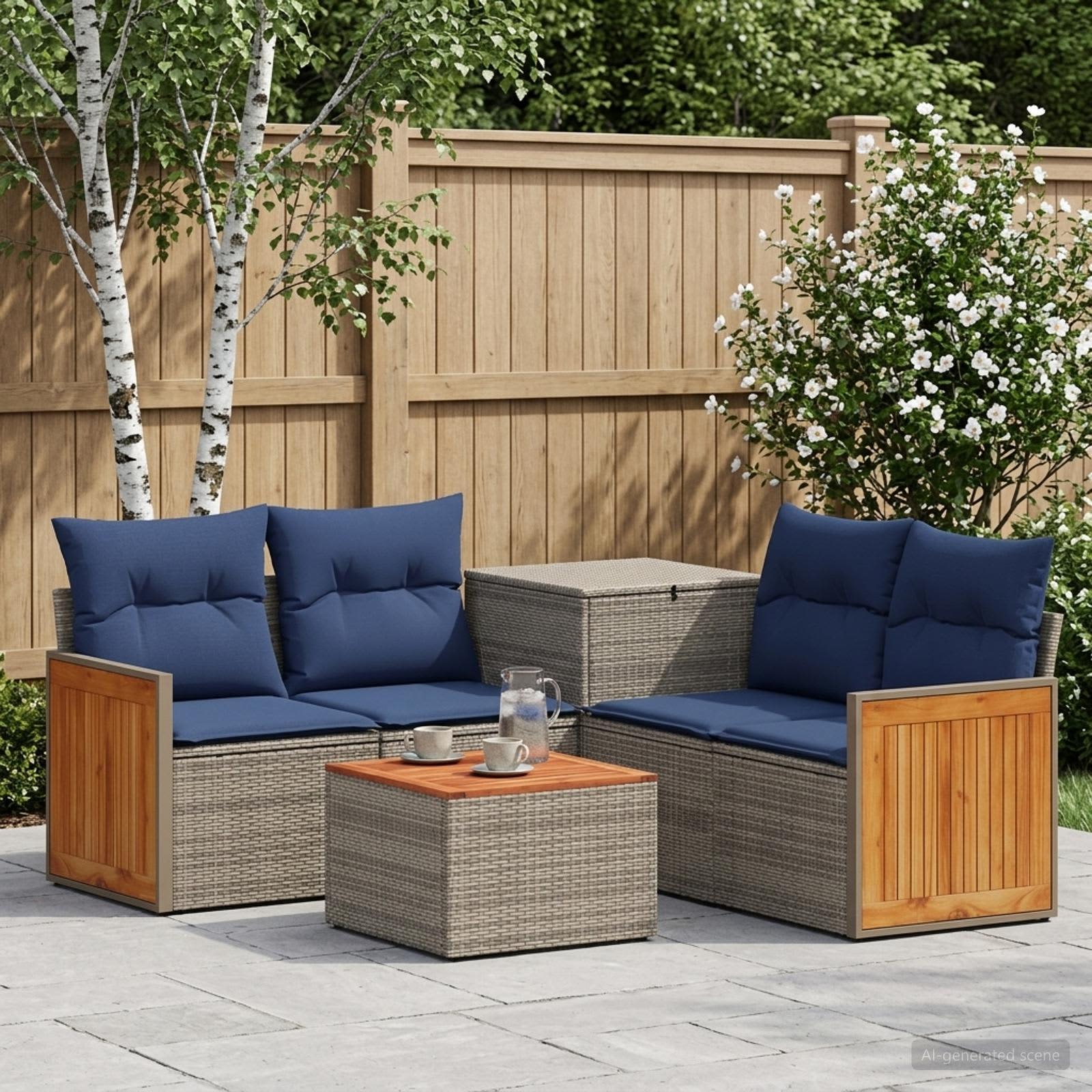Sofa Set 6 stk. Grau und Marineblau Polyrattan und Stahl