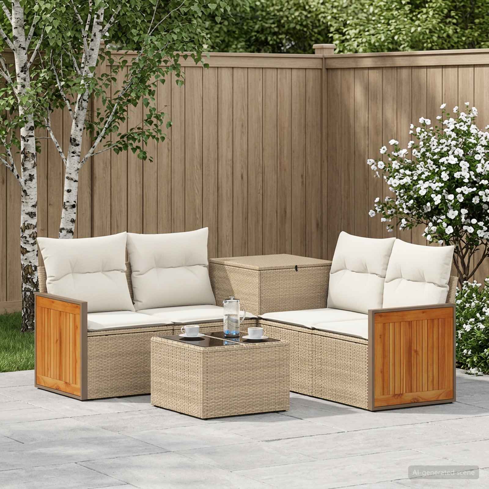 Sofa Set 6 stk. Beige und Cremeweiß Polyrattan und Stahl