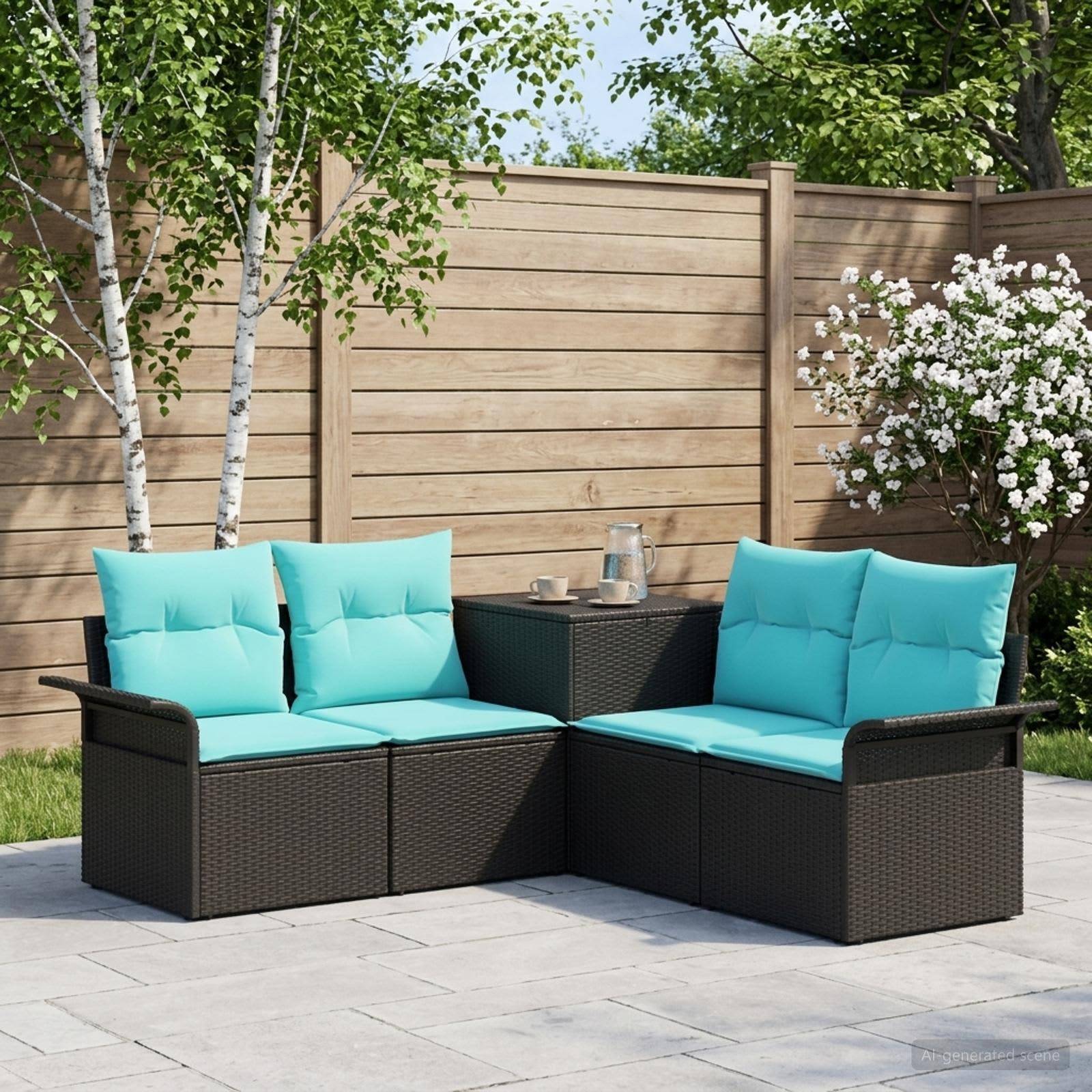 Sofa Set 5 stk. Schwarz und Blau Polyrattan und Stahl