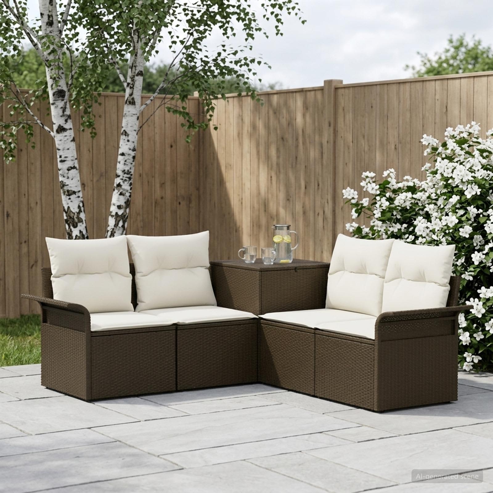 Sofa Set 5 stk. Braun und Creme Weiß Polyrattan und Stahl