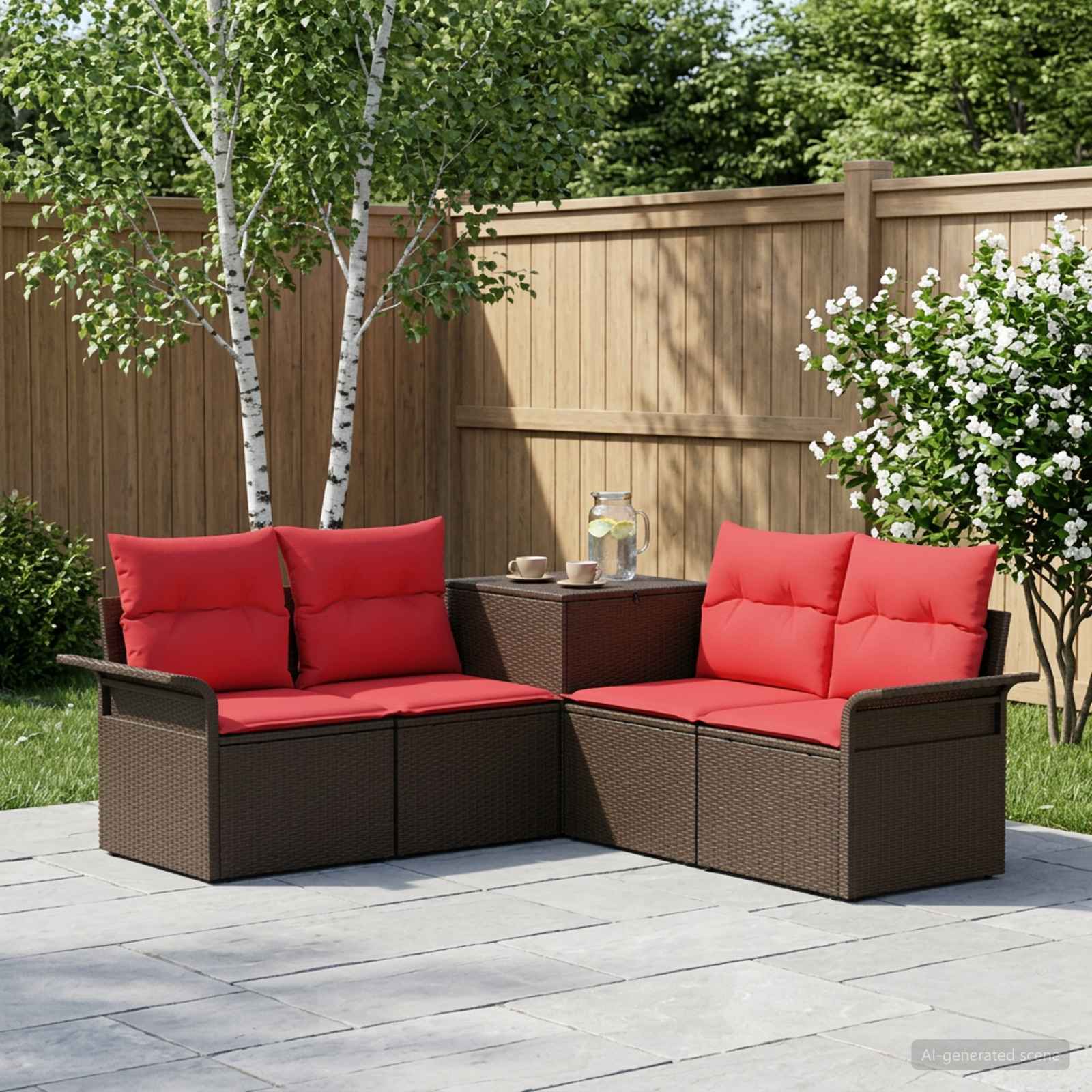 Sofa Set 5 stk. Braun und Rot Polyrattan und Stahl