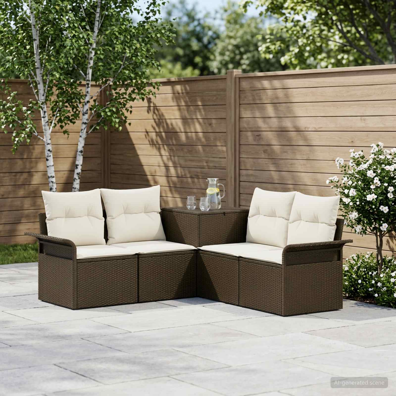 Sofa Set 5 stk. Braun und Creme Weiß Polyrattan und Stahl