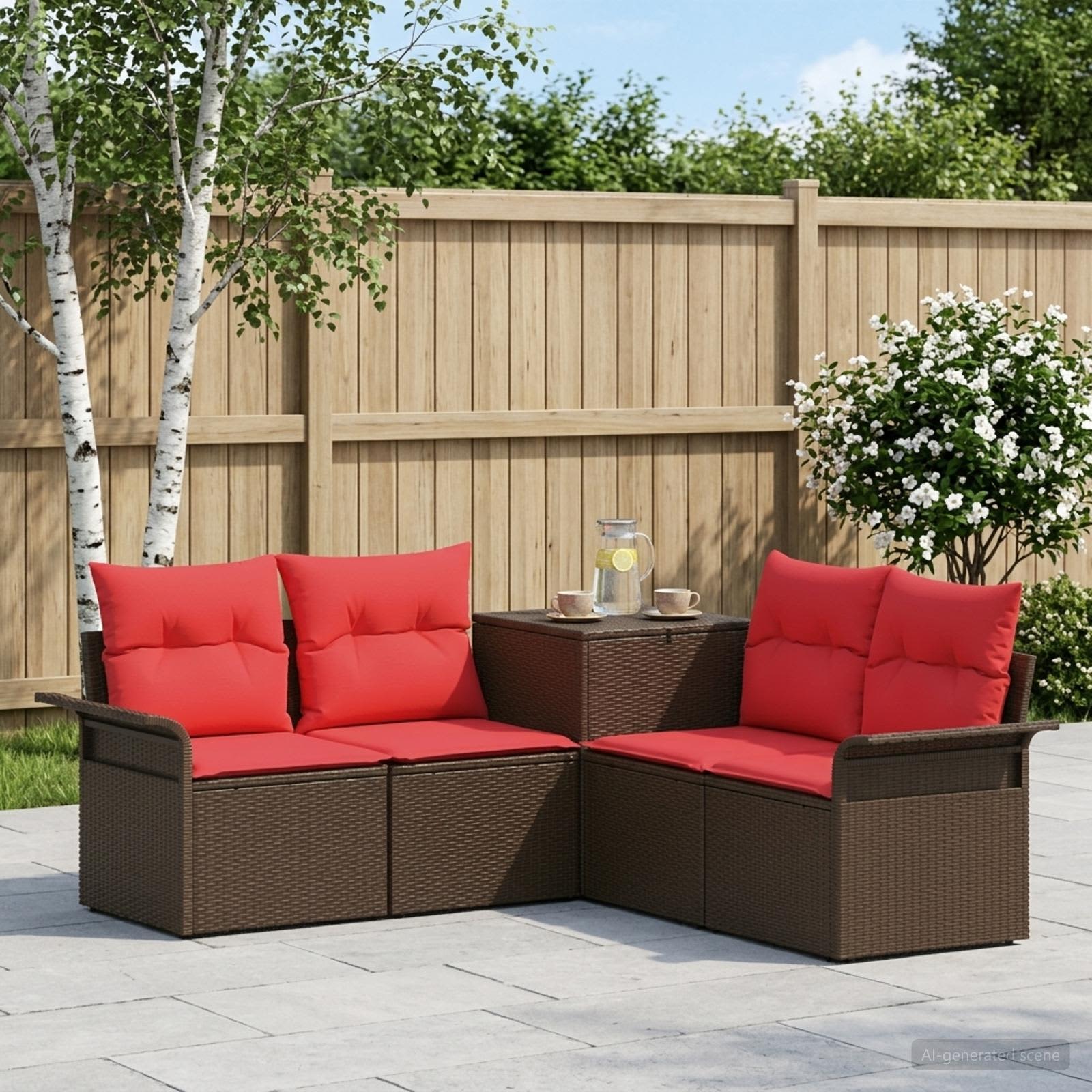 Sofa Set 5 stk. Braun und Rot Polyrattan und Stahl