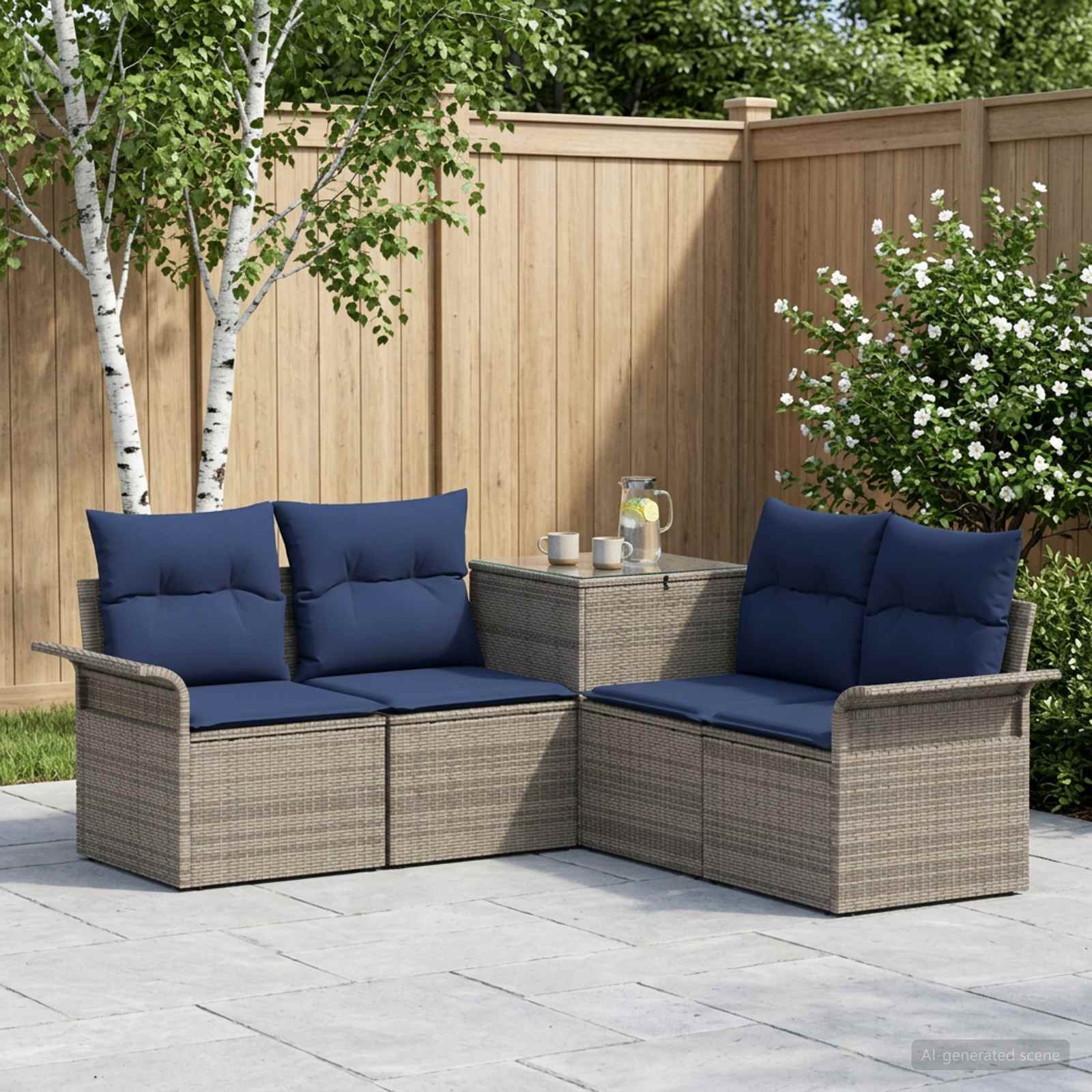 Sofa Set 5 stk. Grau und Marineblau Polyrattan und Stahl