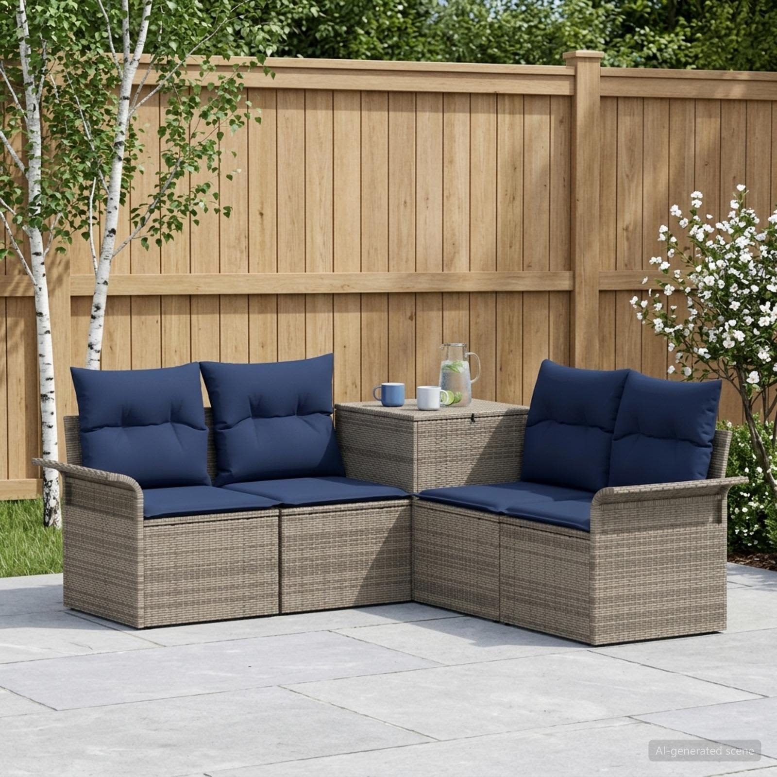 Sofa Set 5 stk. Grau und Marineblau Polyrattan und Stahl