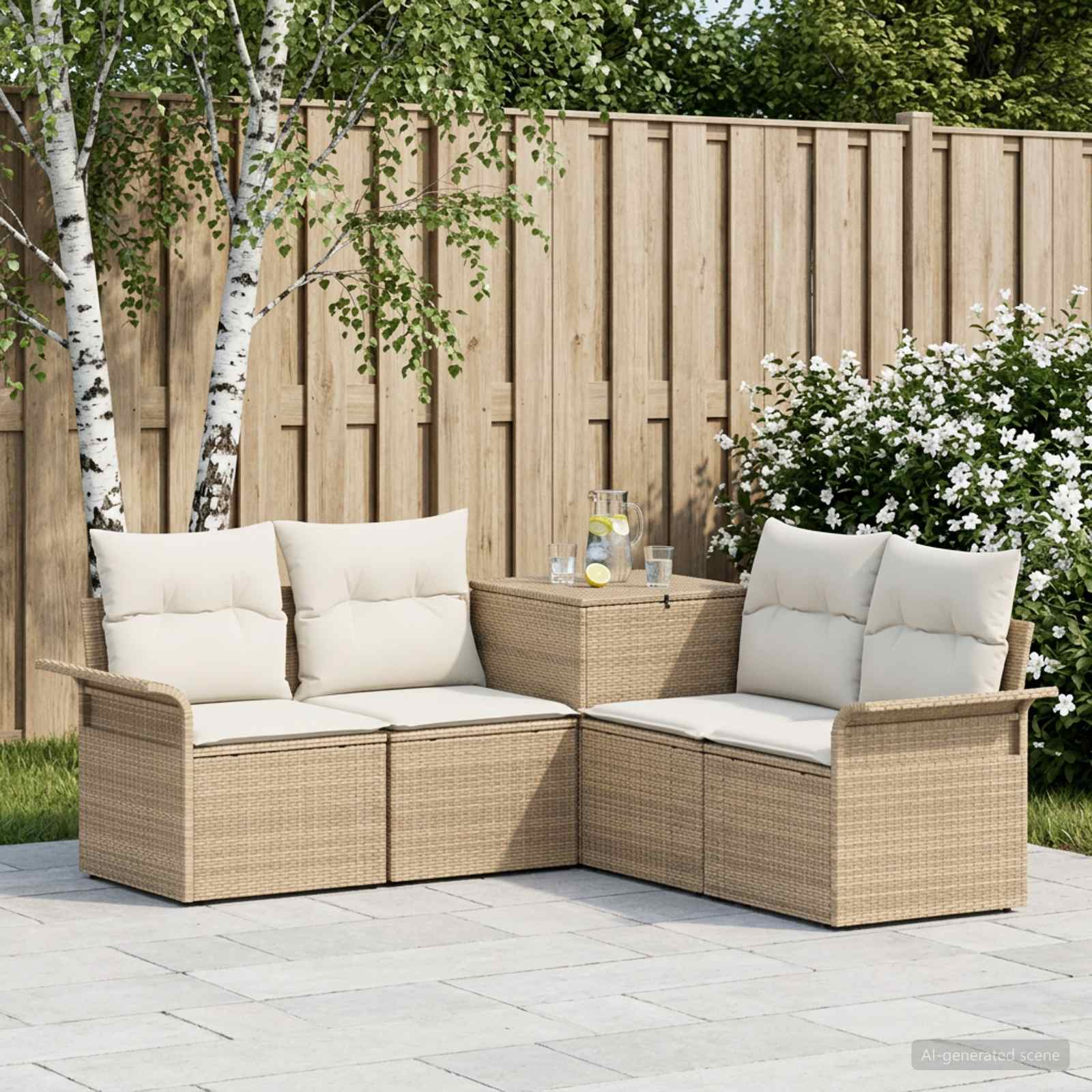 Sofa Set 5 stk. Beige und Cremeweiß Polyrattan und Stahl