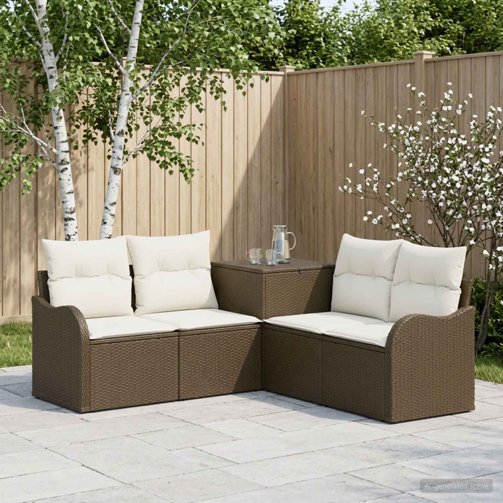 Sofa Set 5 stk. Braun und Creme Weiß Polyrattan und Stahl