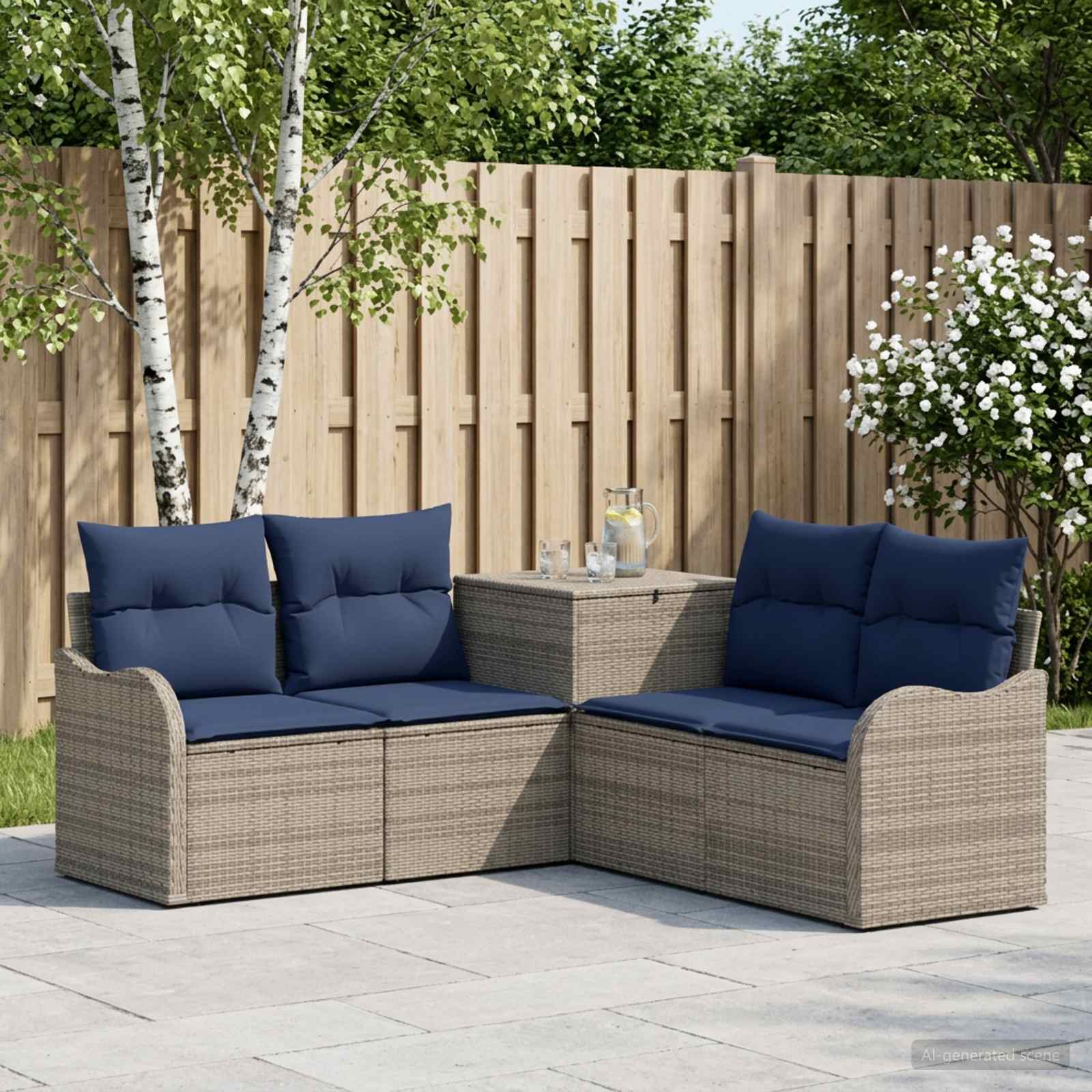 Sofa Set 5 stk. Grau und Marineblau Polyrattan und Stahl