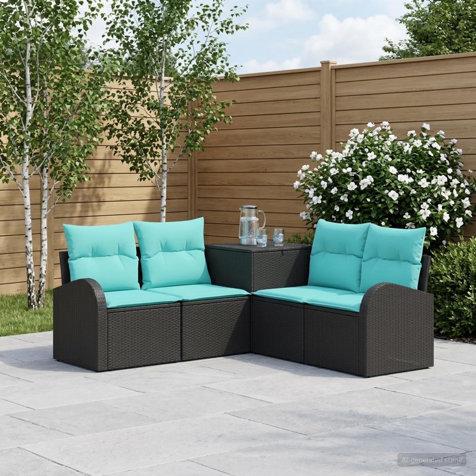Sofa Set 5 stk. Schwarz und Blau Polyrattan und Stahl