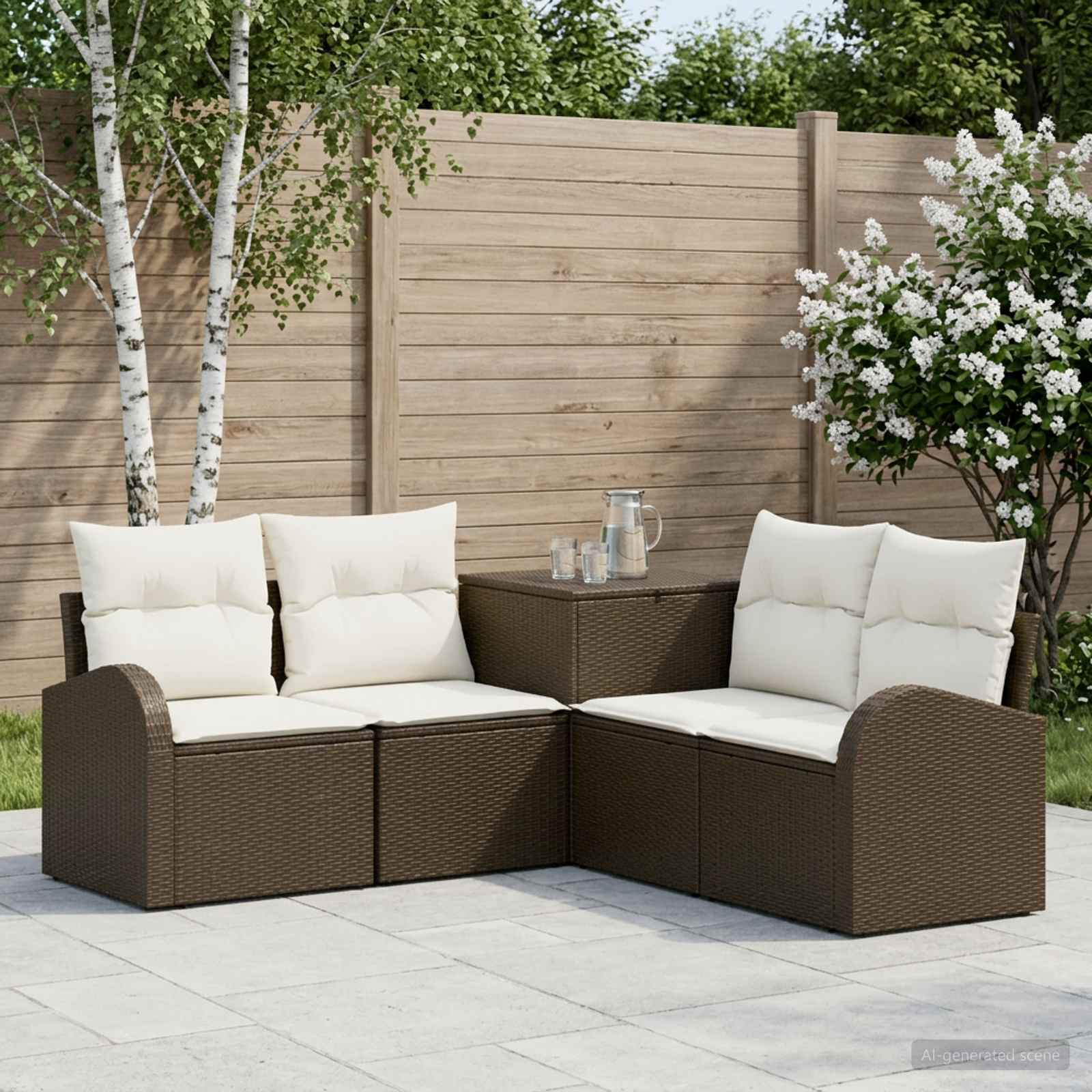 Sofa Set 5 stk. Braun und Creme Weiß Polyrattan und Stahl