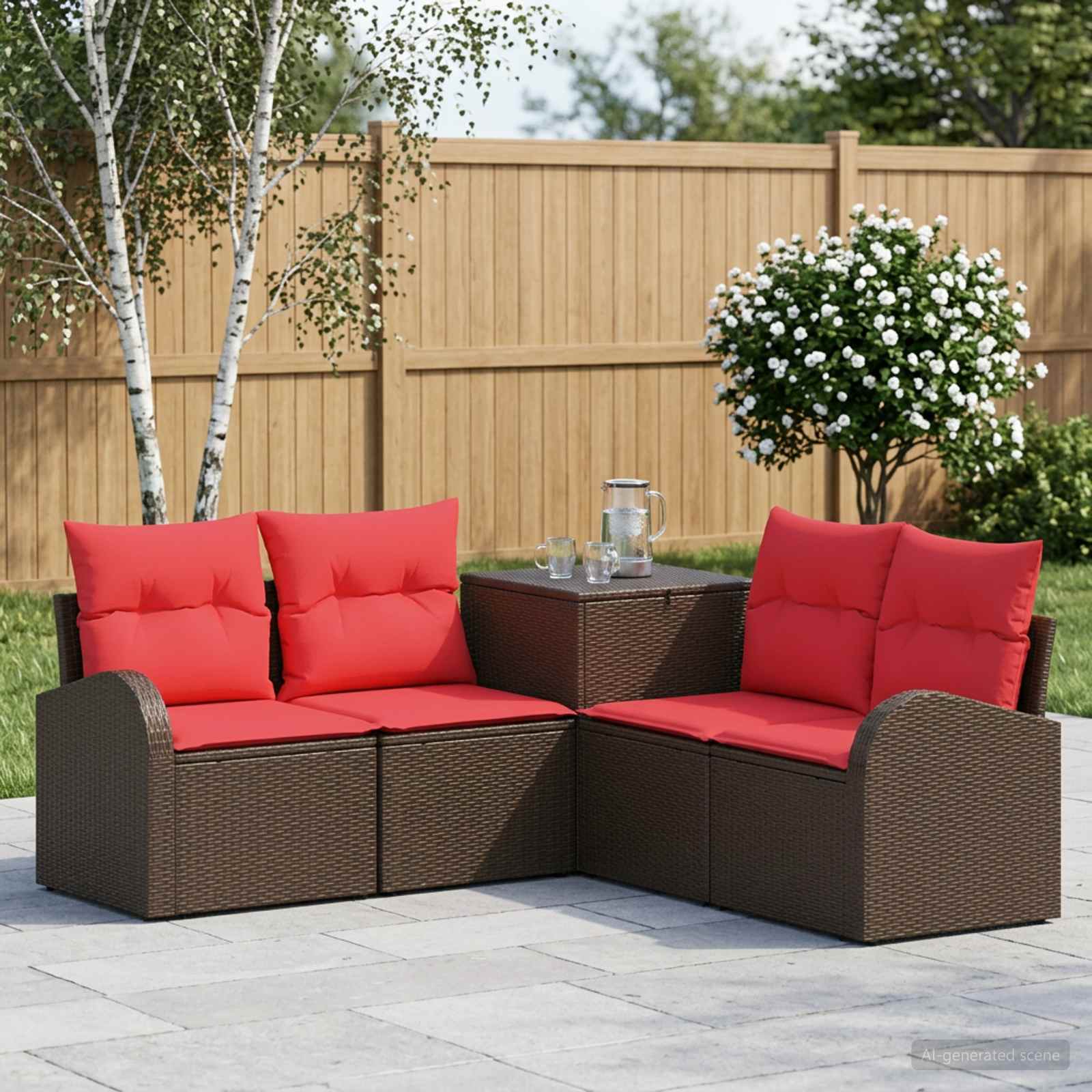 Sofa Set 5 stk. Braun und Rot Polyrattan und Stahl