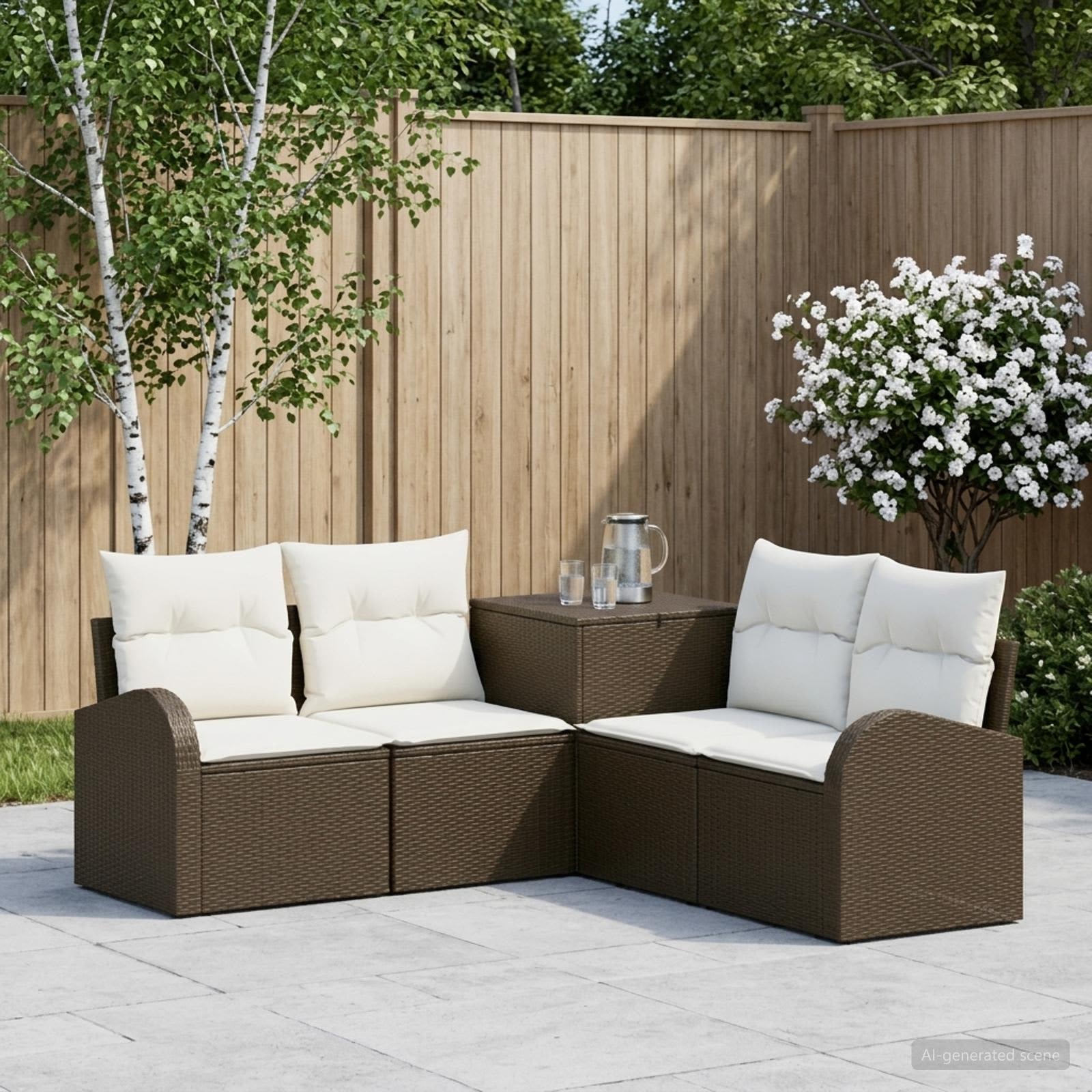 Sofa Set 5 stk. Braun und Creme Weiß Polyrattan und Stahl