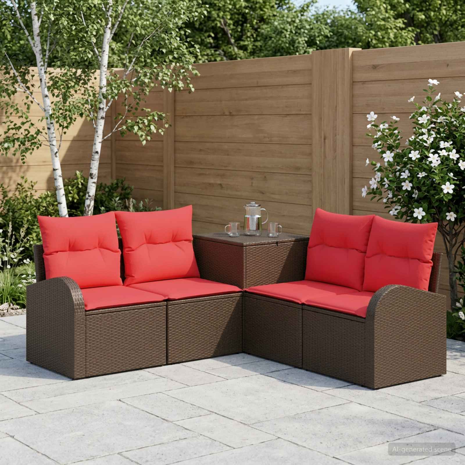 Sofa Set 5 stk. Braun und Rot Polyrattan und Stahl