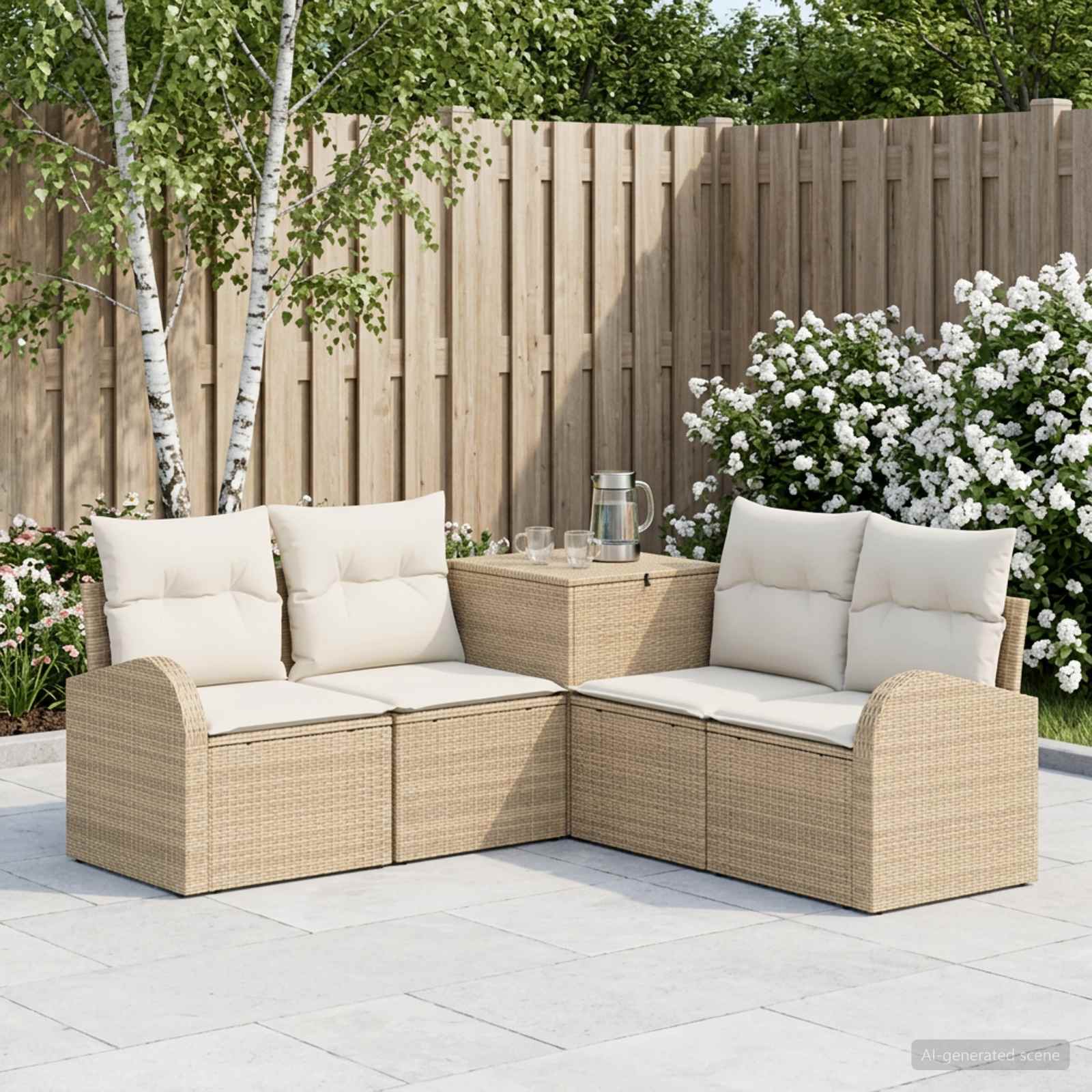 Sofa Set 5 stk. Beige und Cremeweiß Polyrattan und Stahl