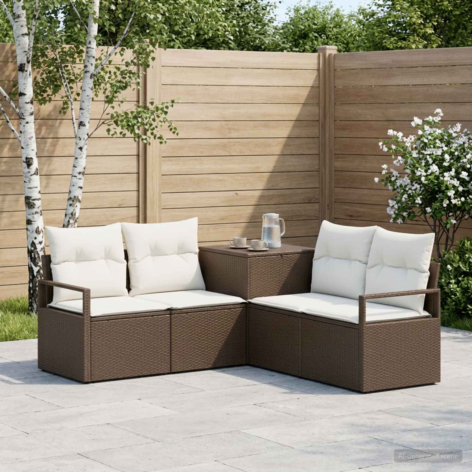 Sofa Set 5 stk. Braun und Creme Weiß Polyrattan und Stahl