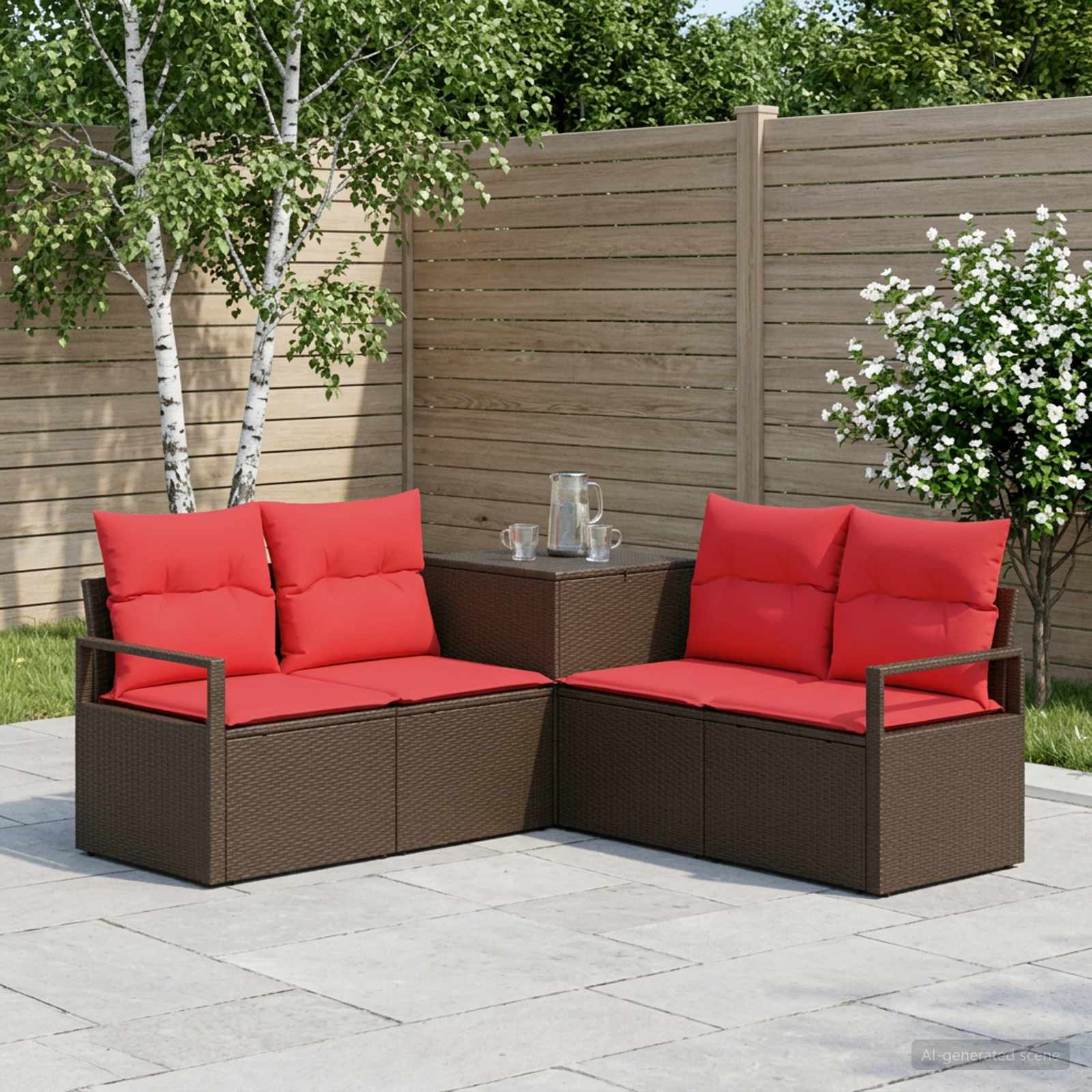 Sofa Set 5 stk. Braun und Rot Polyrattan und Stahl
