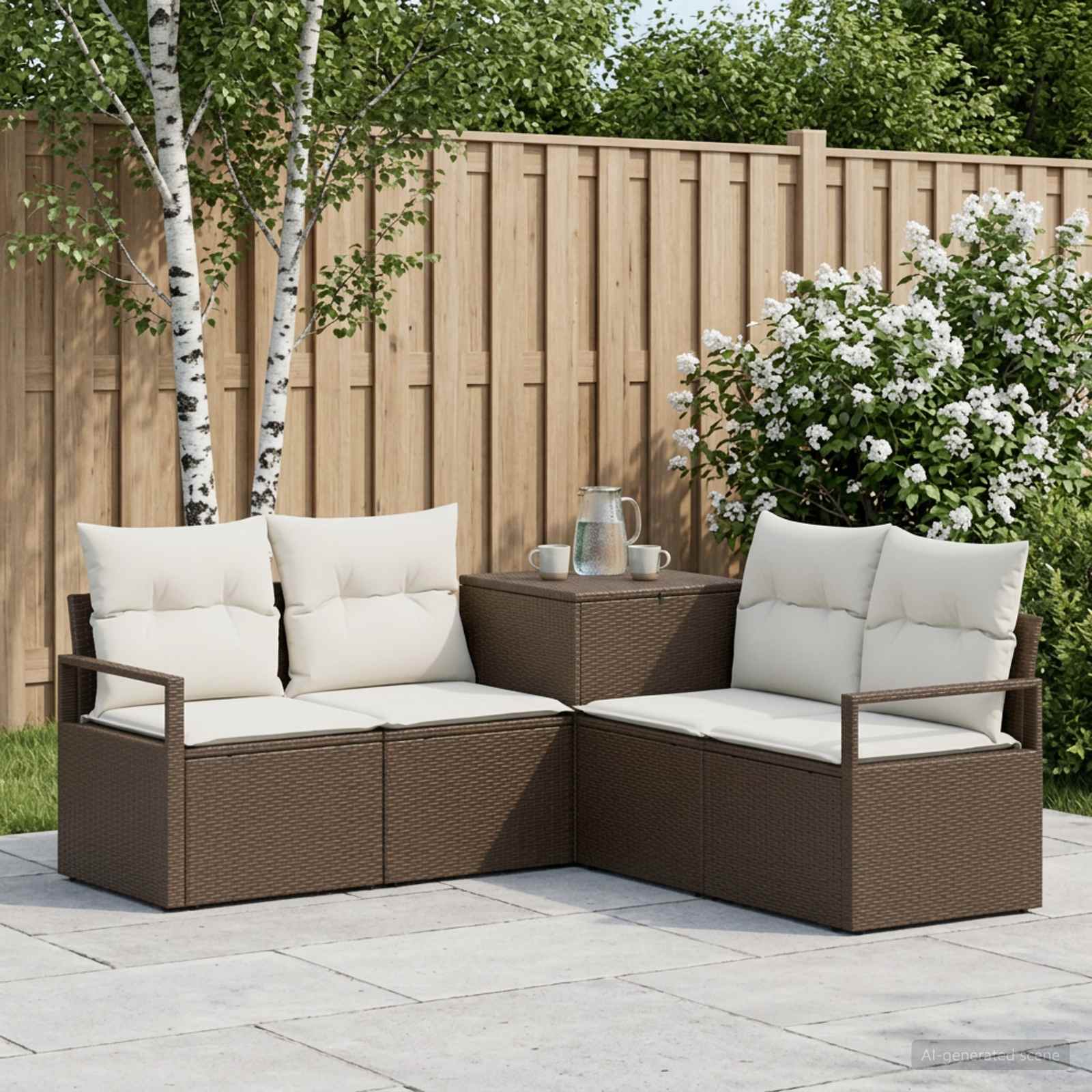 Sofa Set 5 stk. Braun und Creme Weiß Polyrattan und Stahl
