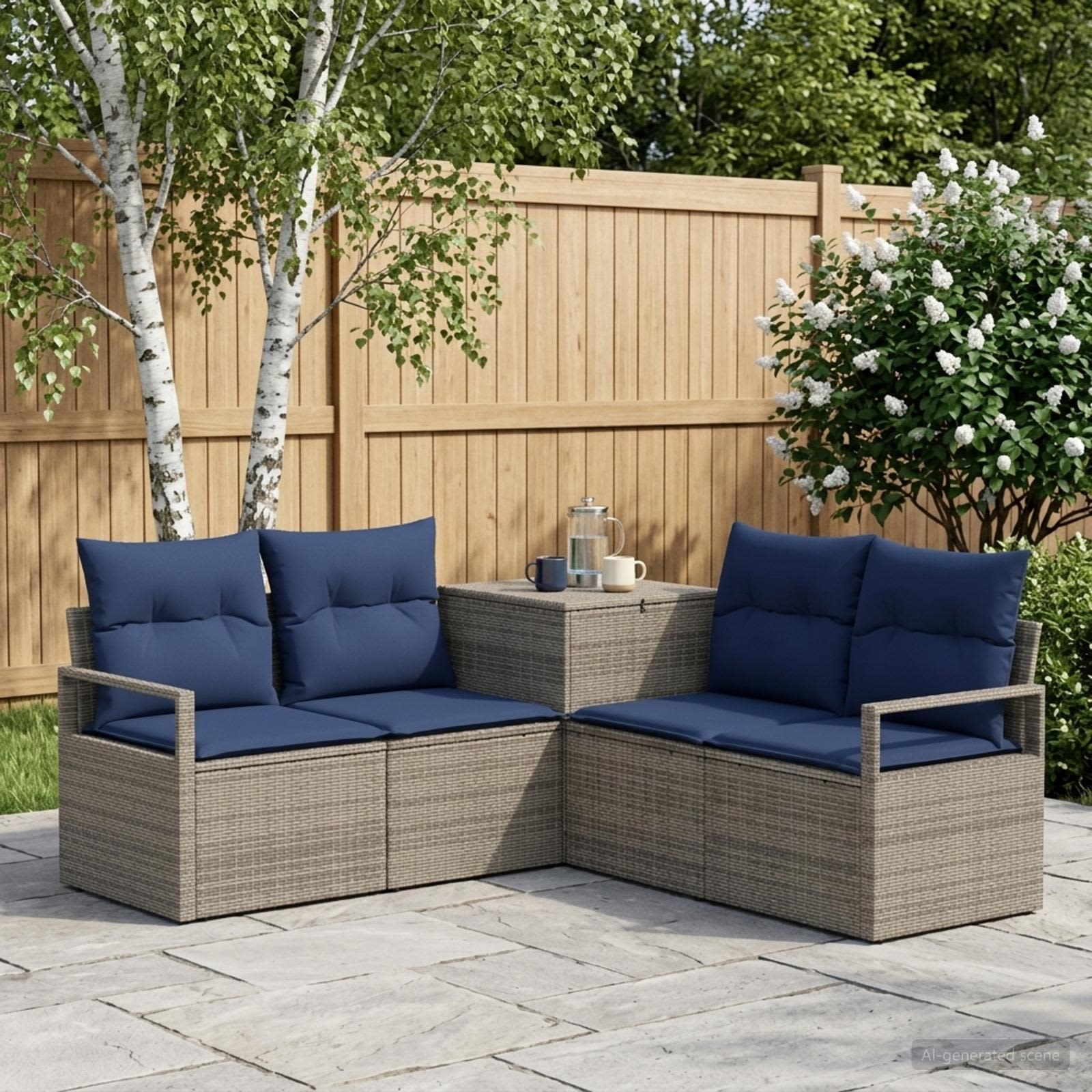 Sofa Set 5 stk. Grau und Marineblau Polyrattan und Stahl