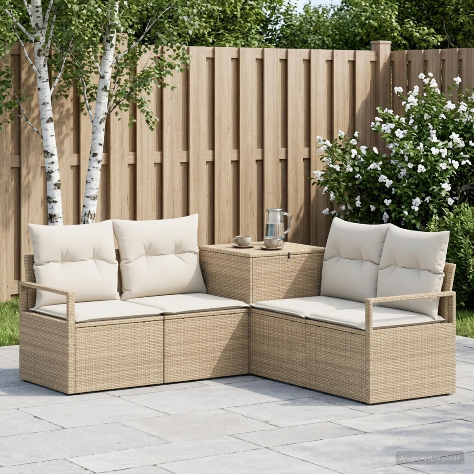 Sofa Set 5 stk. Beige und Cremeweiß Polyrattan und Stahl