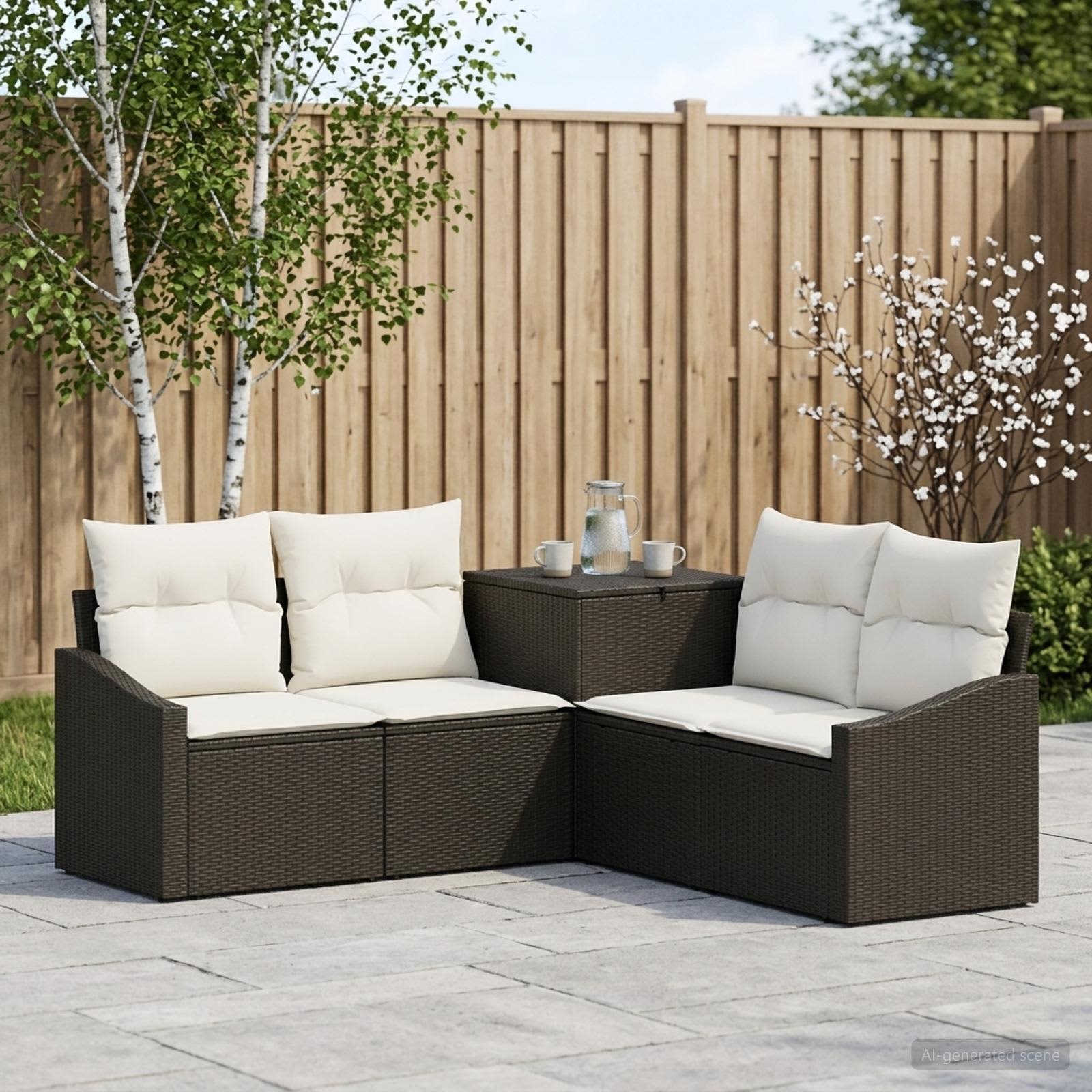 Sofa Set 5 stk. Schwarz und Cremeweiß Polyrattan und Stahl