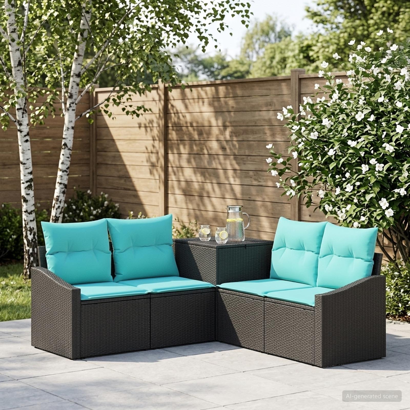 Sofa Set 5 stk. Schwarz und Blau Polyrattan und Stahl