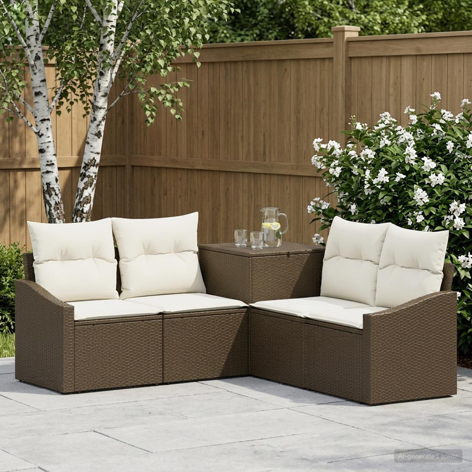 Sofa Set 5 stk. Braun und Creme Weiß Polyrattan und Stahl