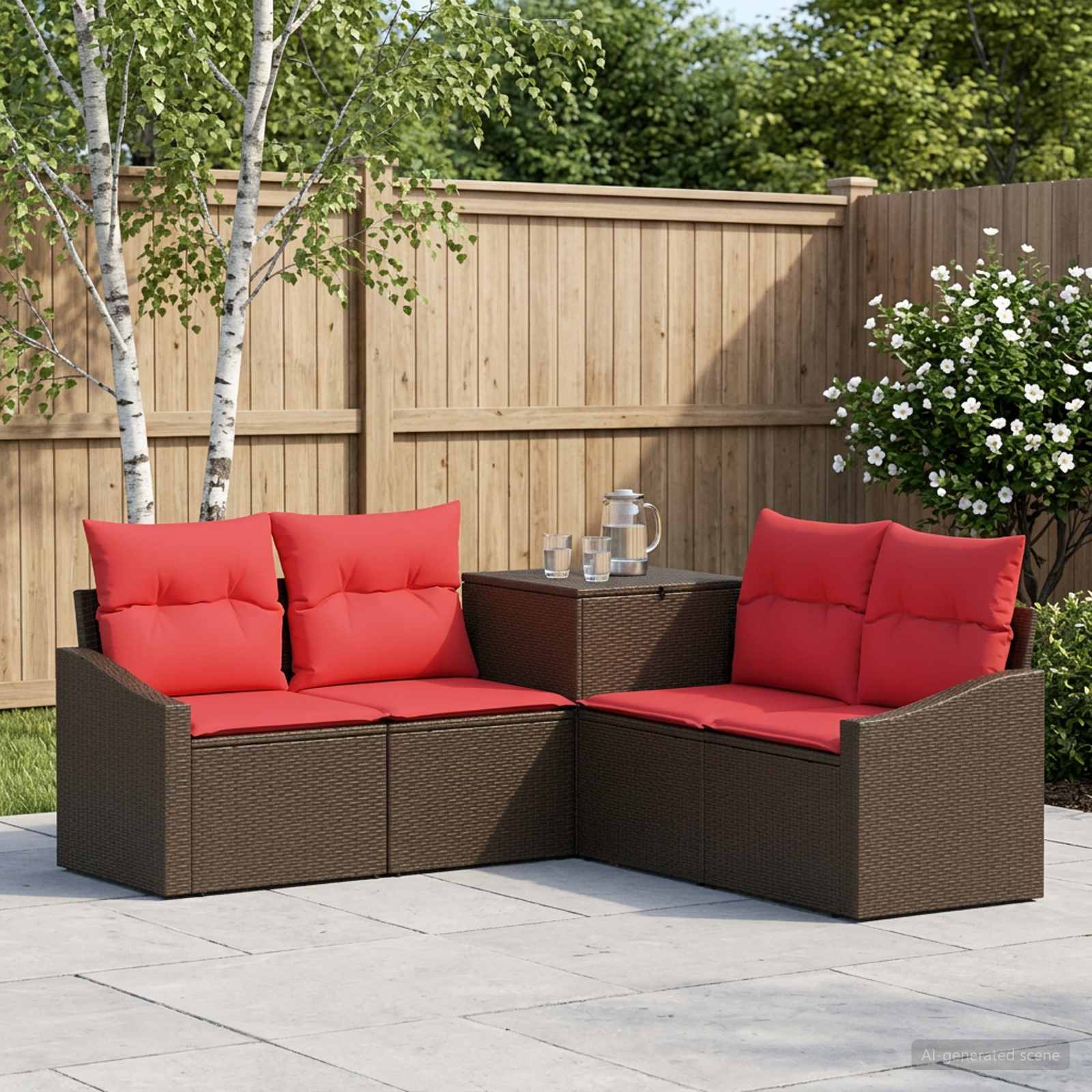 Sofa Set 5 stk. Braun und Rot Polyrattan und Stahl
