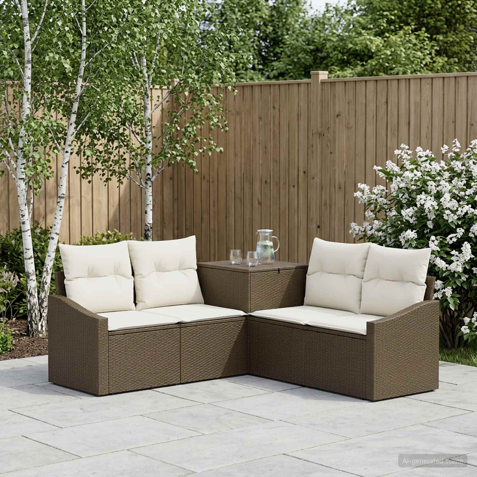 Sofa Set 5 stk. Braun und Creme Weiß Polyrattan und Stahl