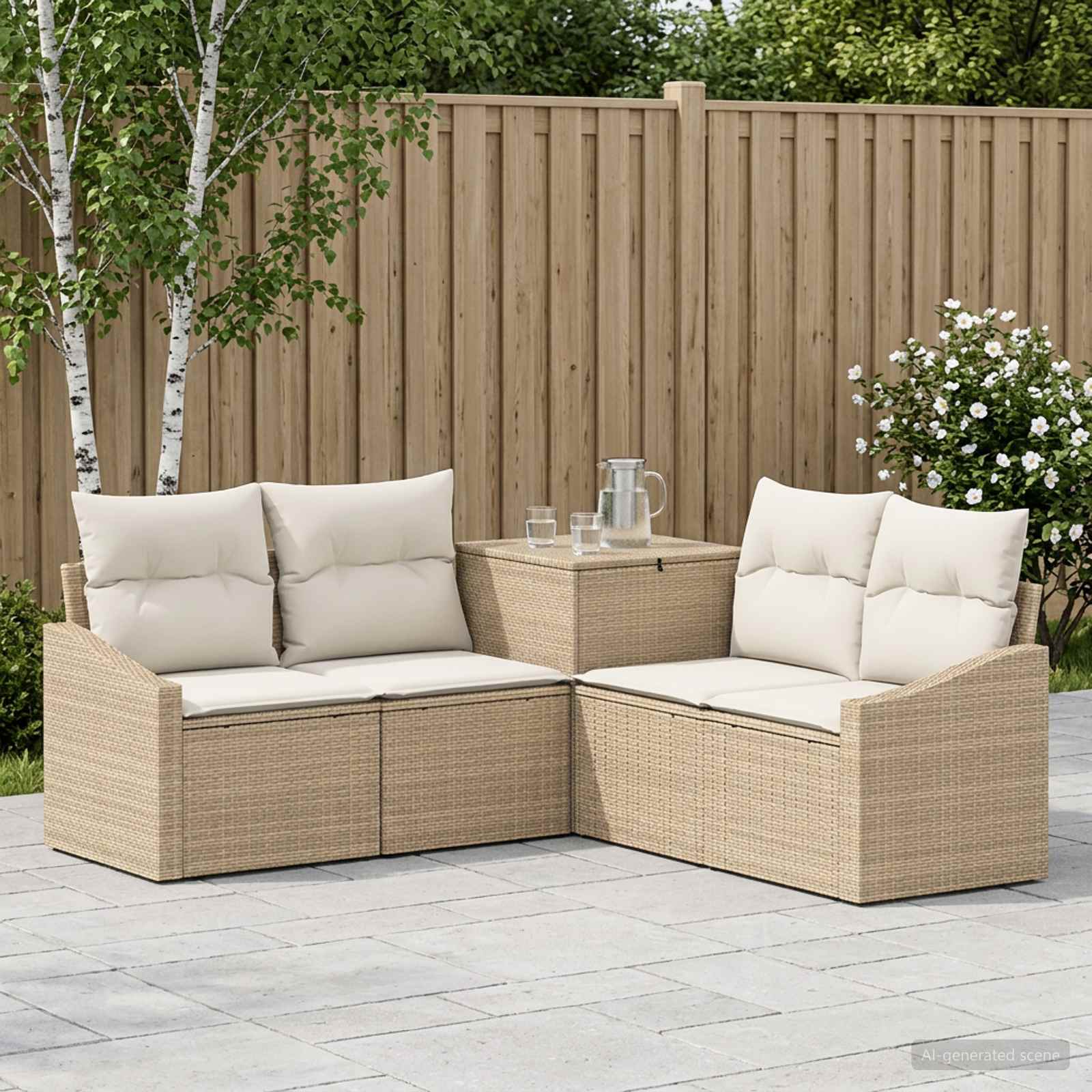 Sofa Set 5 stk. Beige und Cremeweiß Polyrattan und Stahl